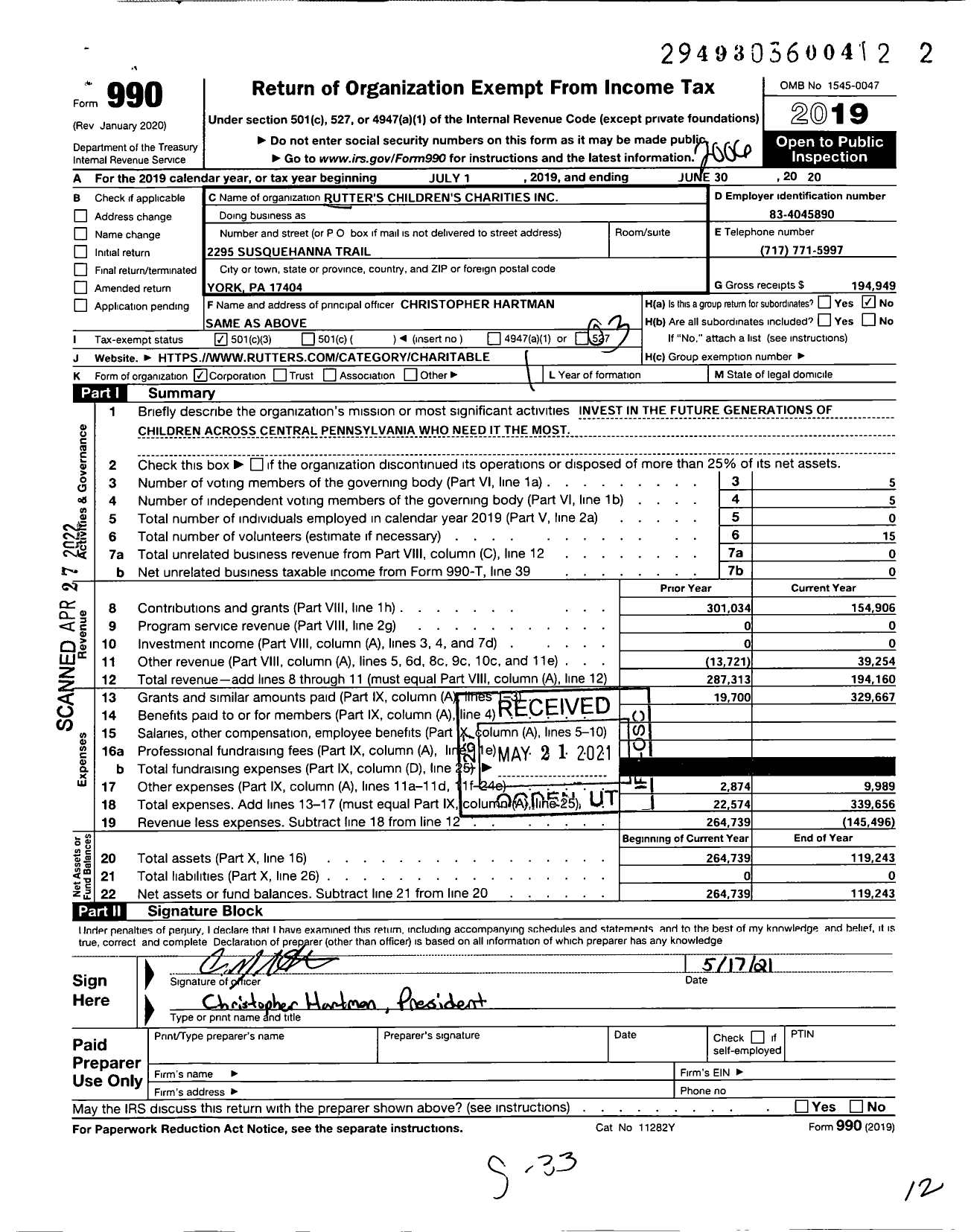 Image of first page of 2019 Form 990 for Rutters Childrens Charities