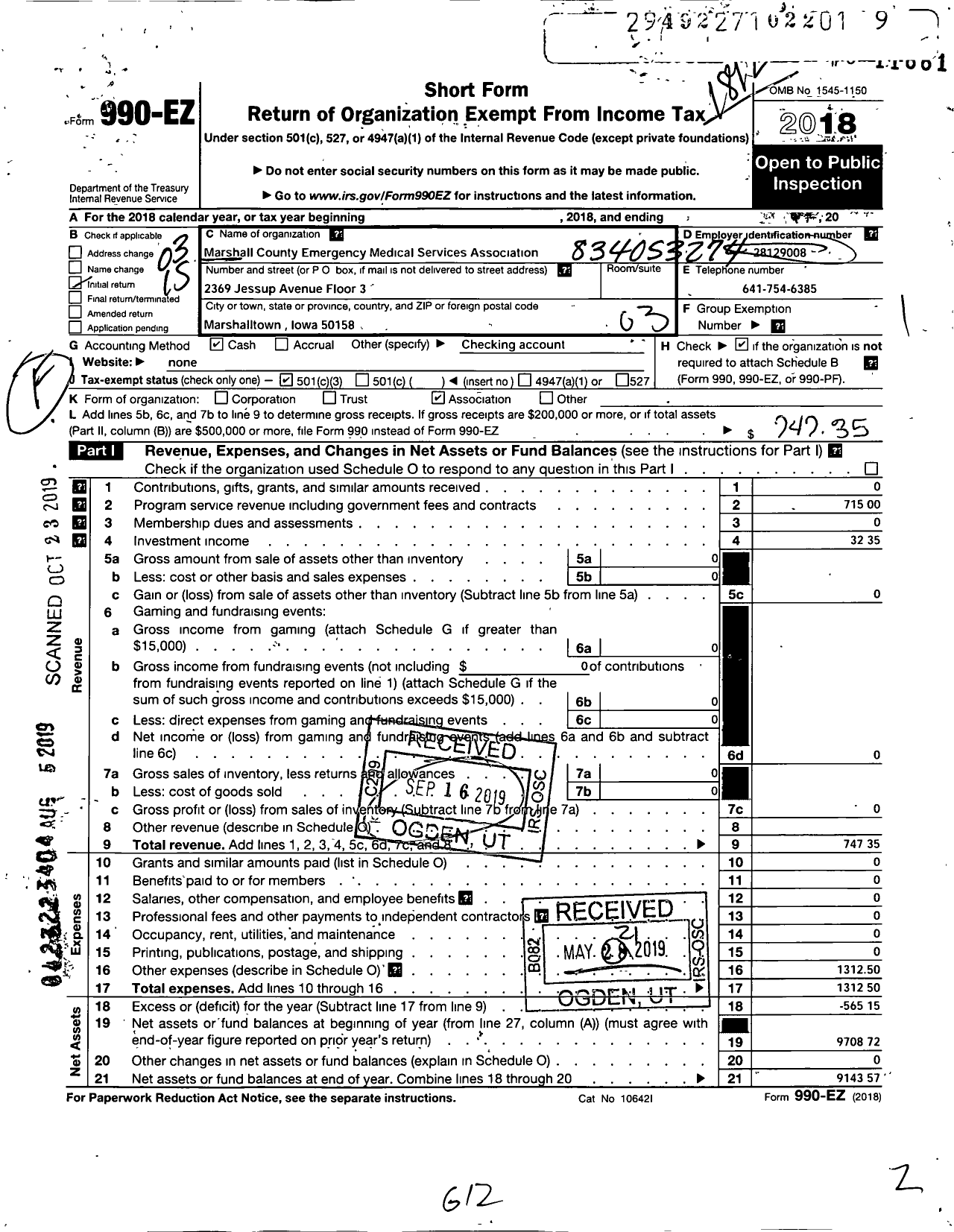 Image of first page of 2018 Form 990EZ for Marshall County Emergency Medical Services Association (MCEMSA)