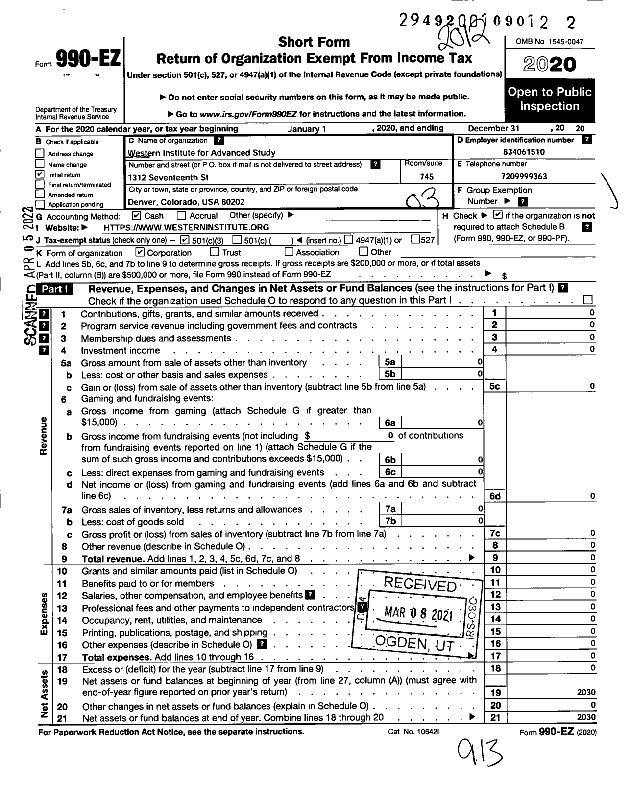 Image of first page of 2020 Form 990EZ for Western Institute for Advanced Study