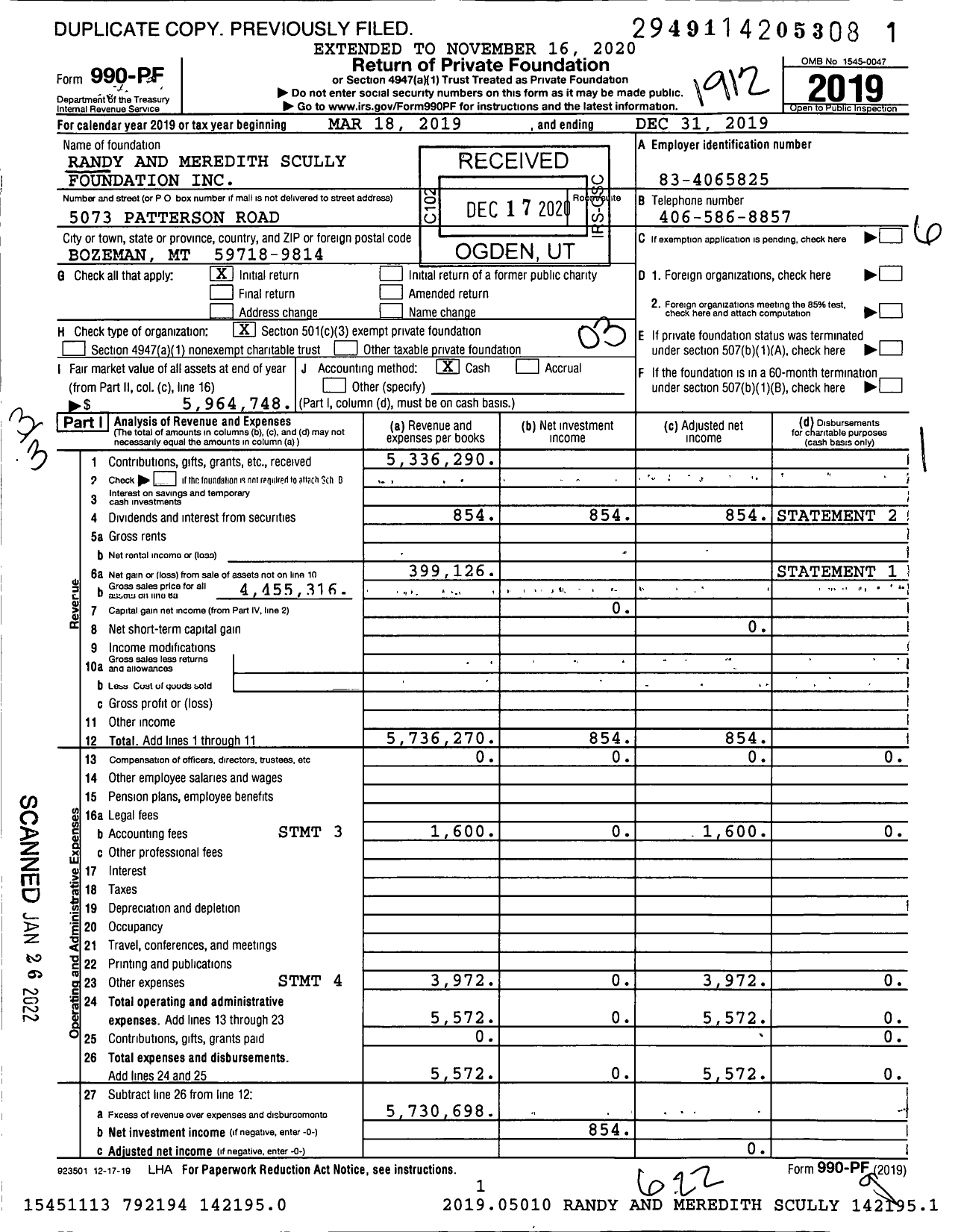 Image of first page of 2019 Form 990PF for Randy P and Meredith M Scully Foundation