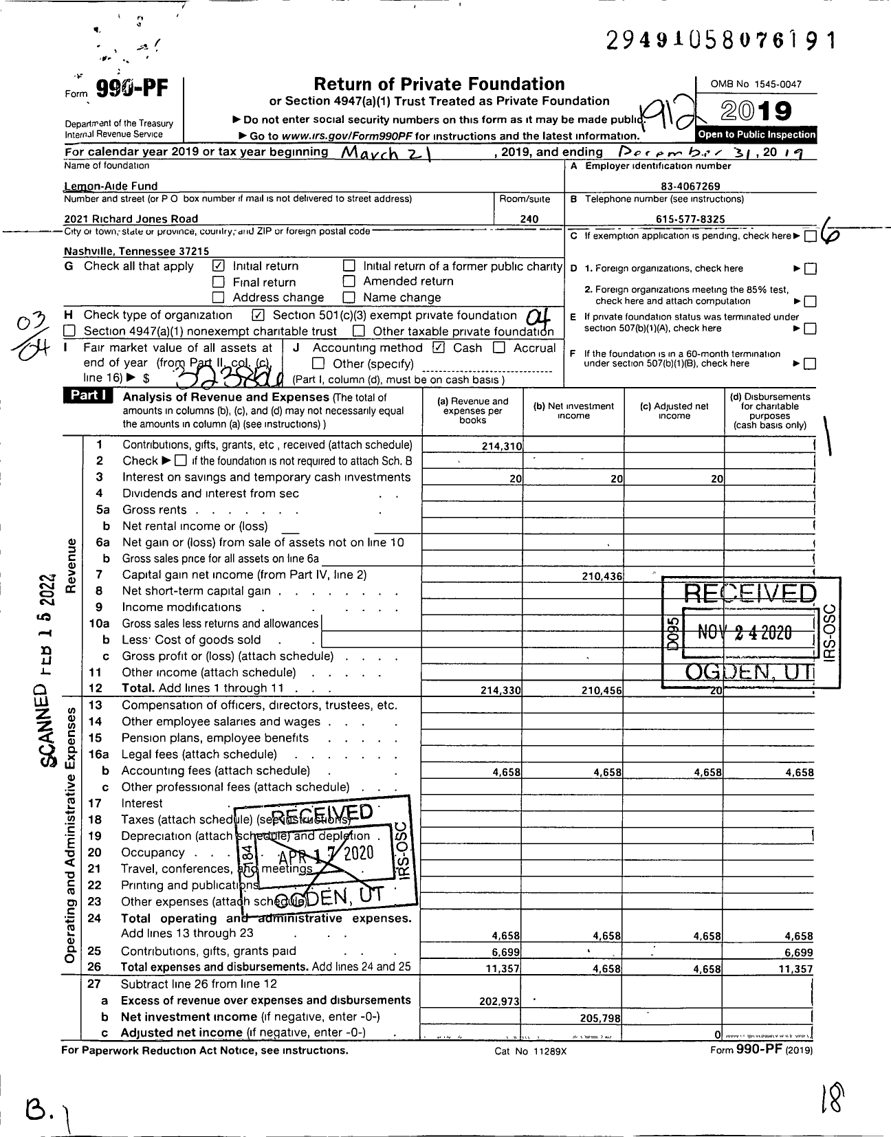 Image of first page of 2019 Form 990PF for Lemon-Aide Fund