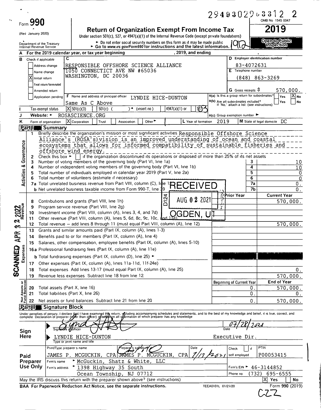 Image of first page of 2019 Form 990 for Responsible Offshore Science Alliance (ROSA)