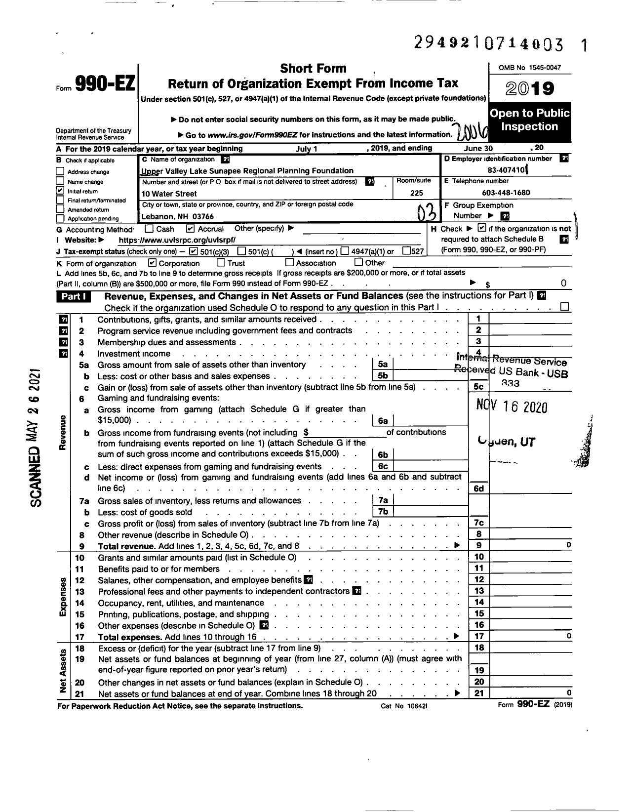 Image of first page of 2019 Form 990EZ for Upper Valley Lake Sunapee Regional Planning Foundation