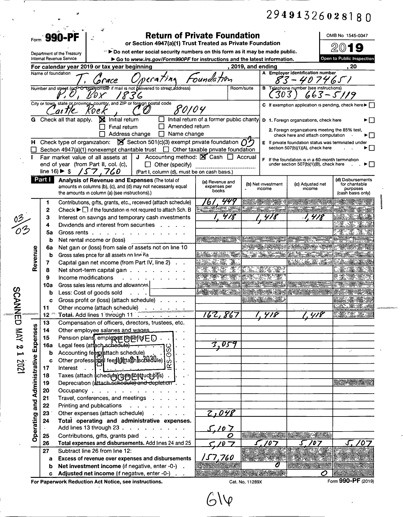 Image of first page of 2019 Form 990PF for T Grace Foundation