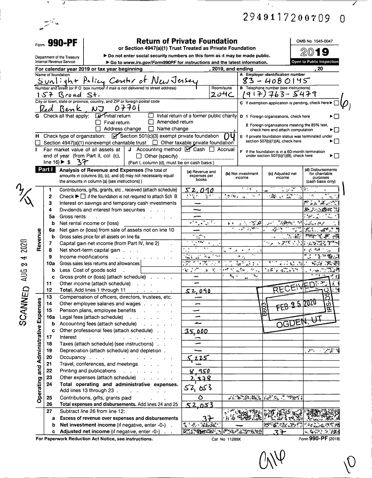 Image of first page of 2019 Form 990PR for Sunlight Policy Center of New Jersey