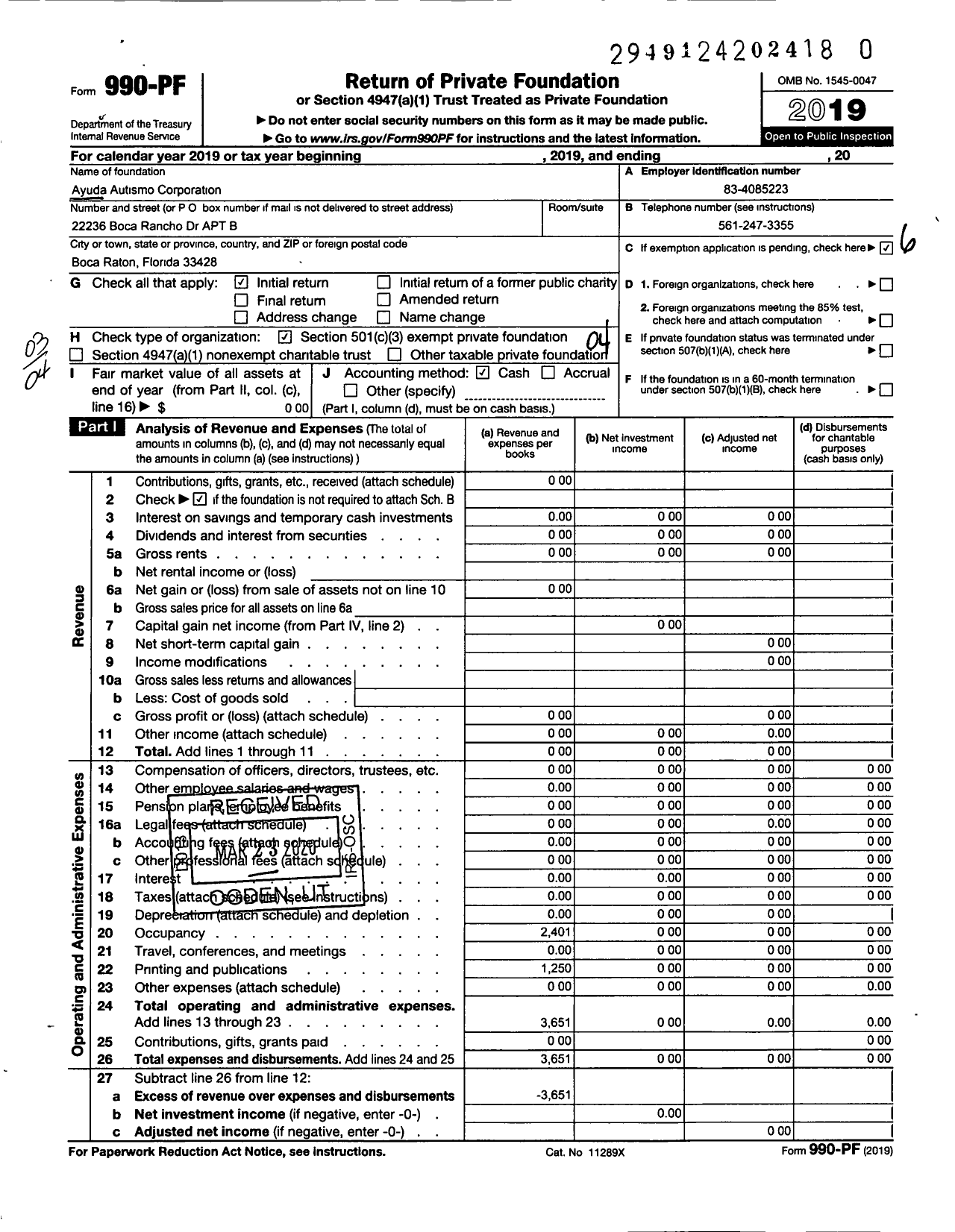 Image of first page of 2019 Form 990PR for Ayuda Autismo Corporation