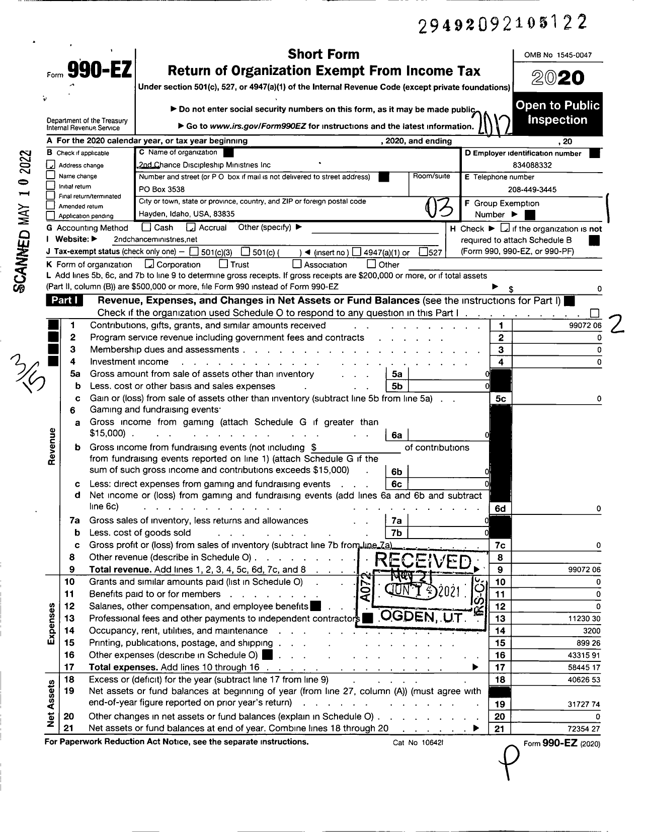 Image of first page of 2020 Form 990EZ for 2nd Chance Discipleship Ministries