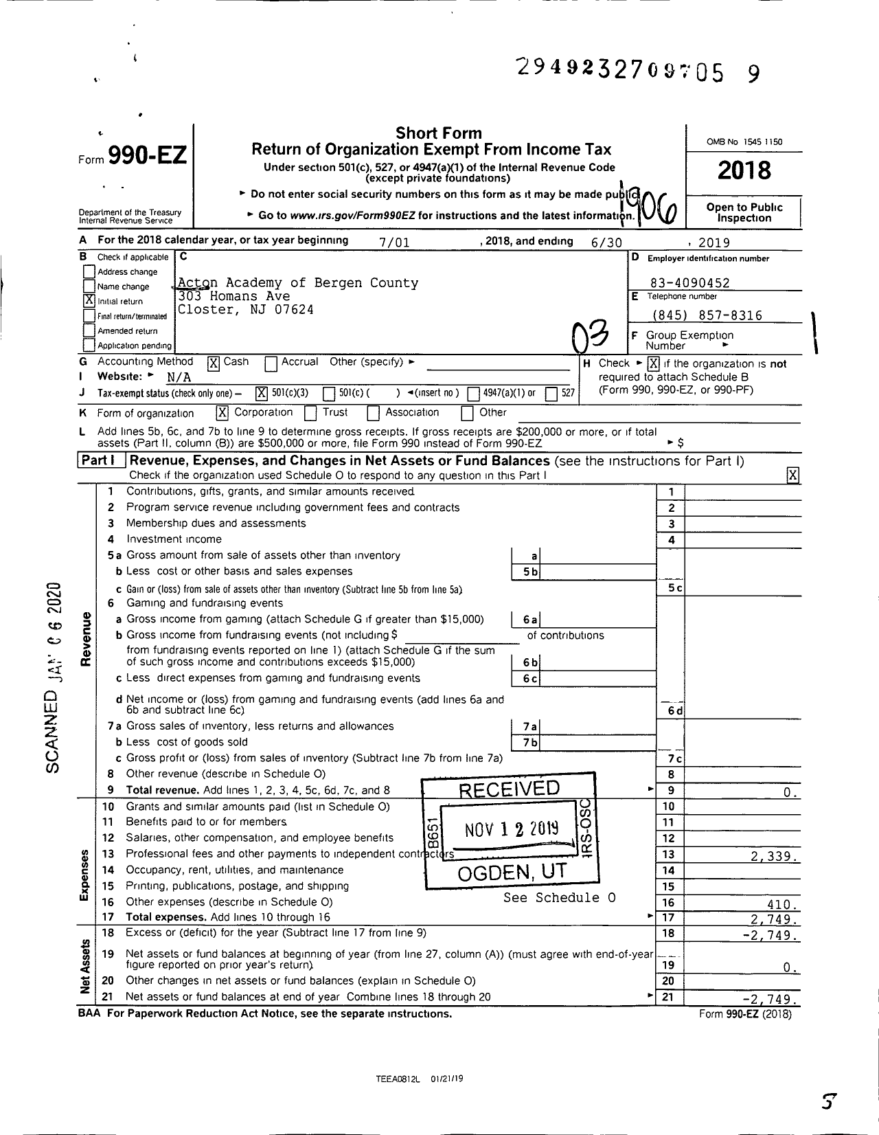 Image of first page of 2018 Form 990EZ for Acton Academy of Bergen County