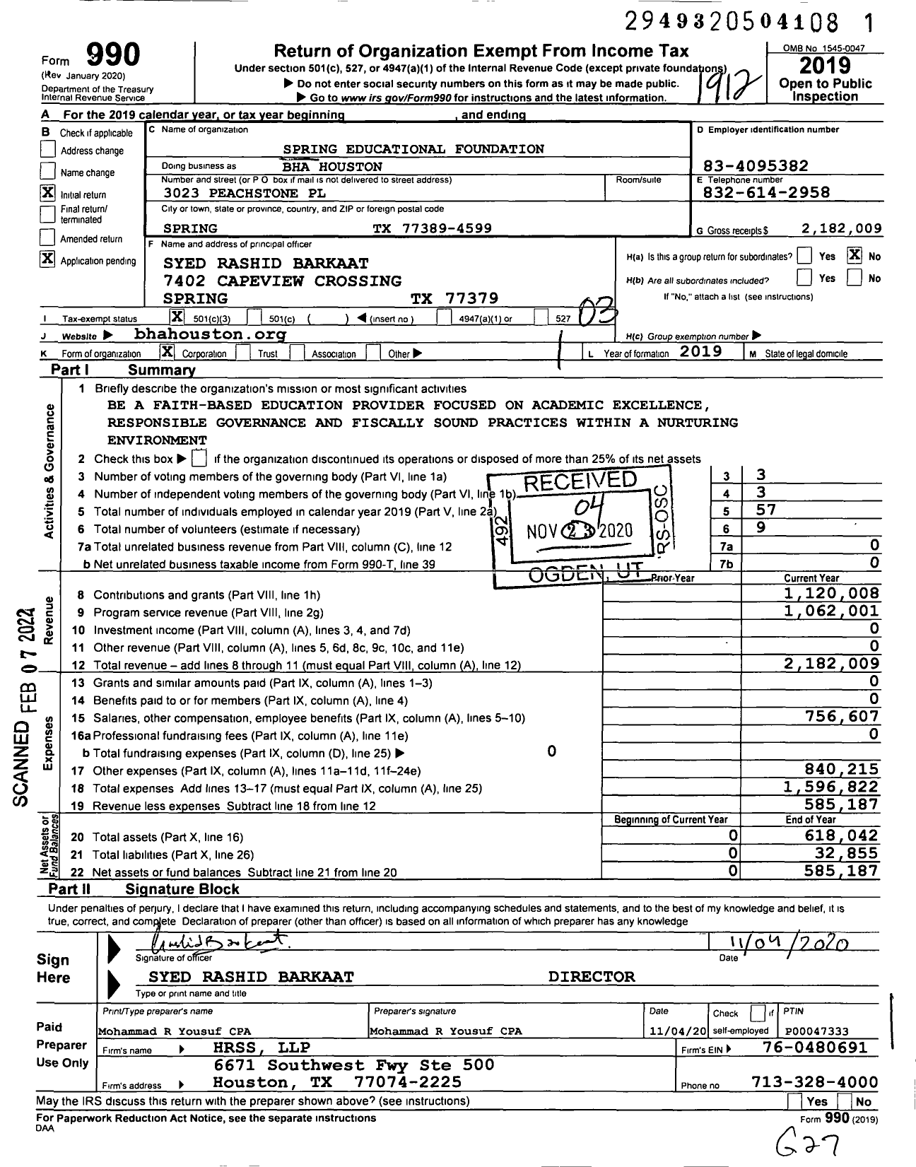 Image of first page of 2019 Form 990 for Bha Houston