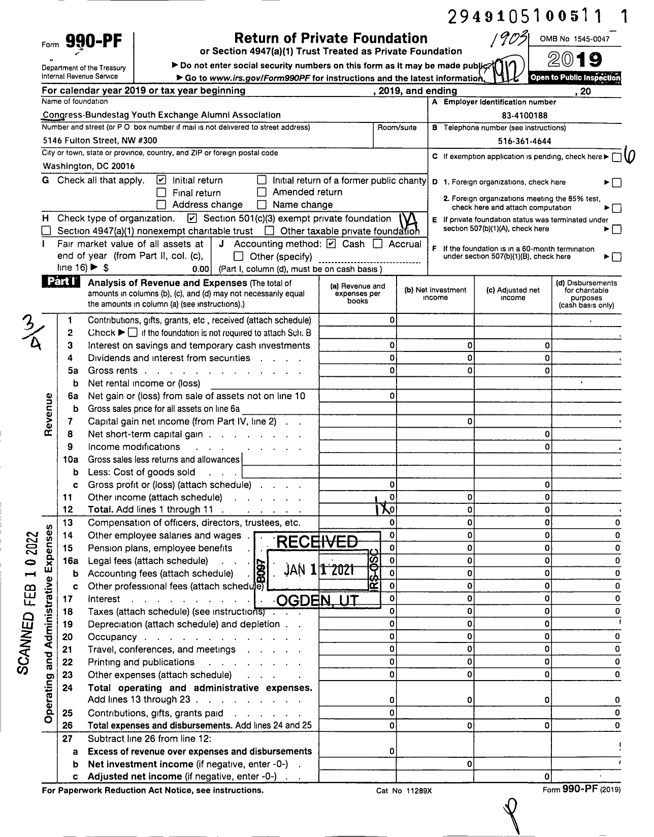 Image of first page of 2018 Form 990PF for Congress-Bundestag Youth Exchange Alumni Association