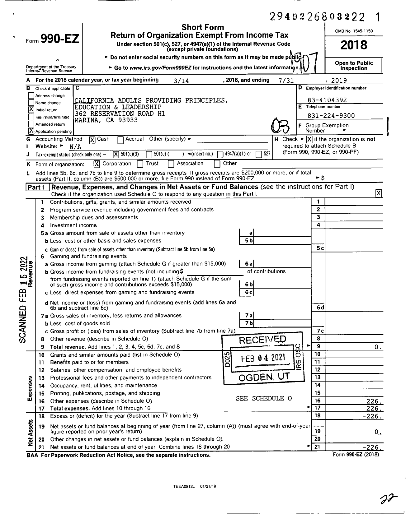 Image of first page of 2018 Form 990EZ for California Adults Providing Principles Education and Leadership