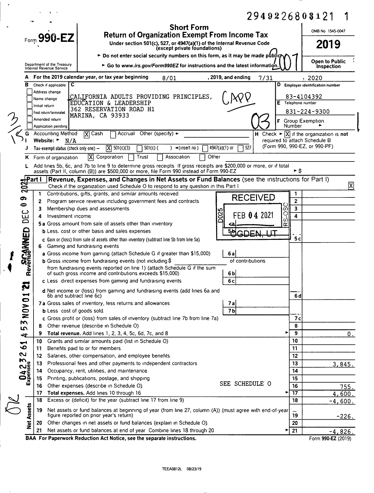 Image of first page of 2019 Form 990EZ for California Adults Providing Principles Education and Leadership