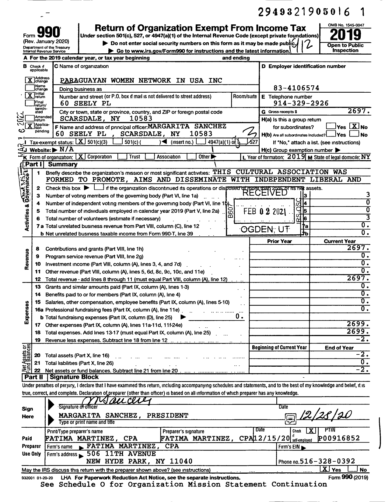 Image of first page of 2019 Form 990 for Paraguayan Women Network in USA