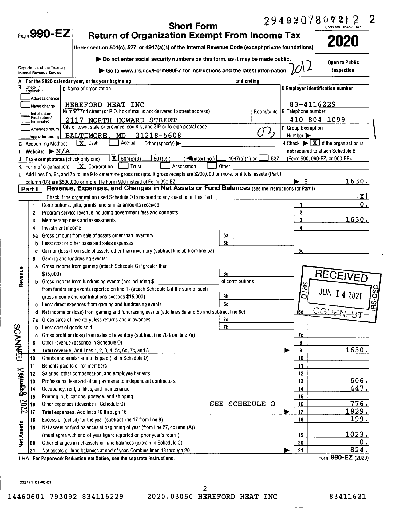 Image of first page of 2020 Form 990EZ for Hereford Heat