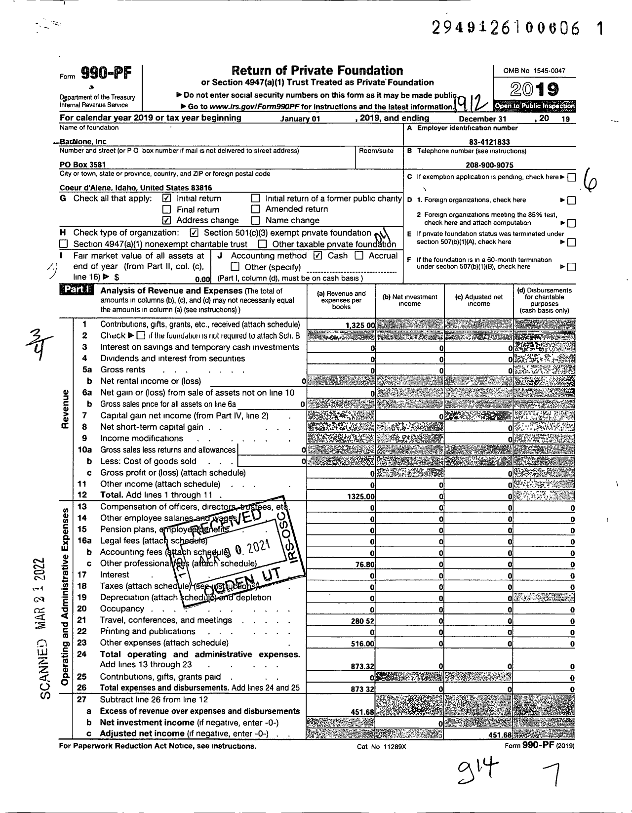 Image of first page of 2019 Form 990PF for BarNone