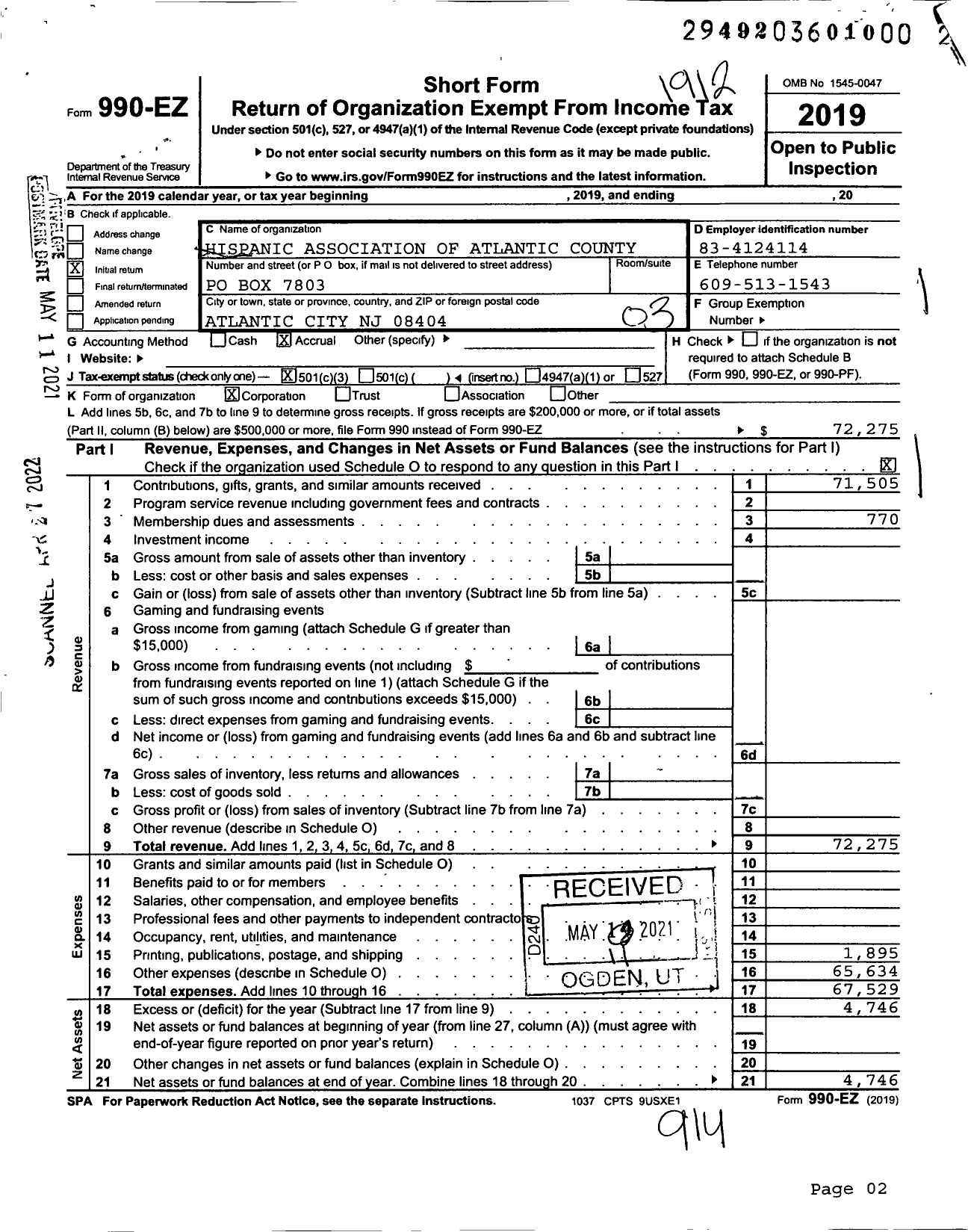 Image of first page of 2019 Form 990EZ for Hispanic Association of Atlantic County