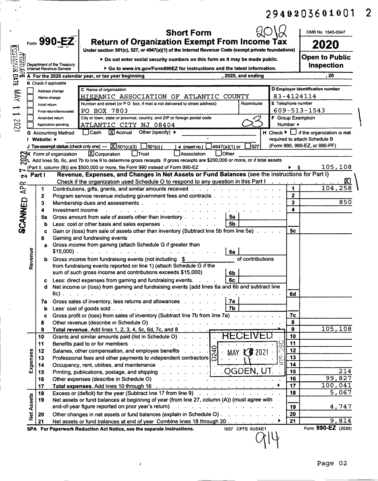 Image of first page of 2020 Form 990EZ for Hispanic Association of Atlantic County