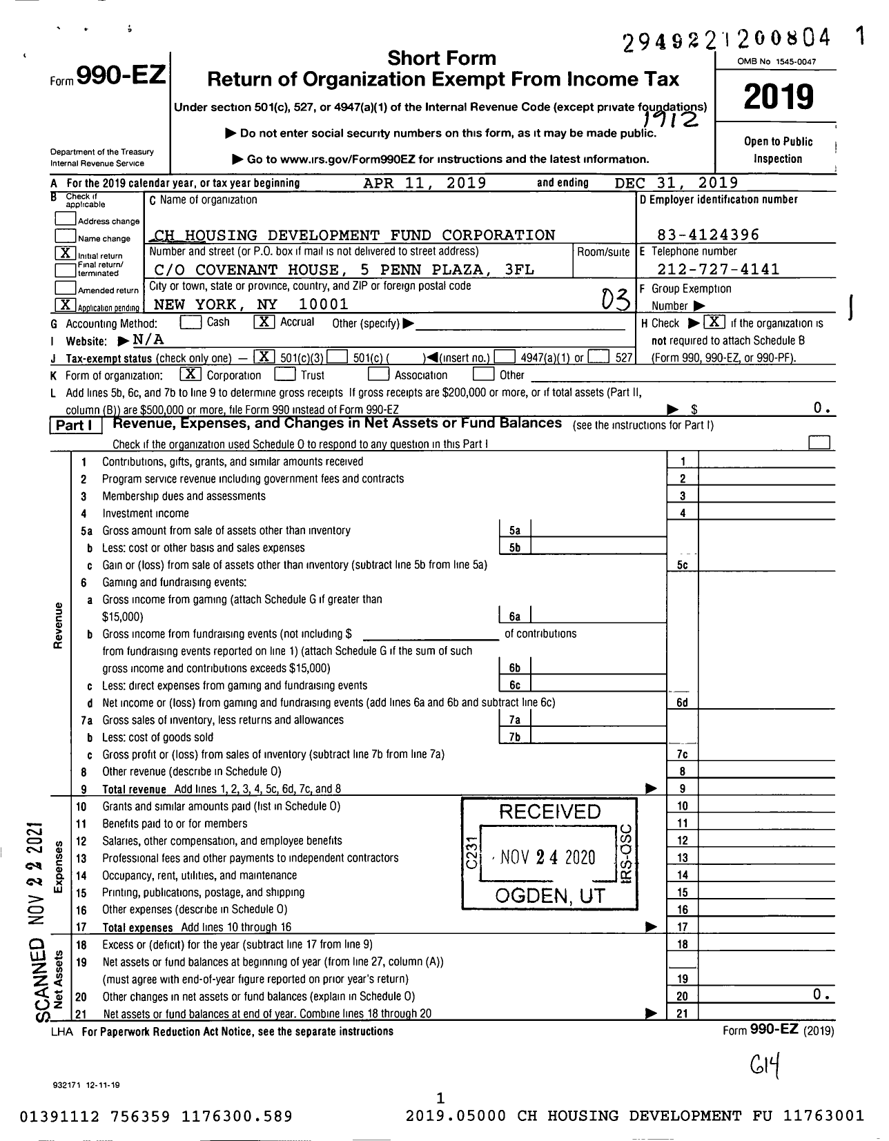 Image of first page of 2019 Form 990EZ for CH Housing Development Fund Corporation