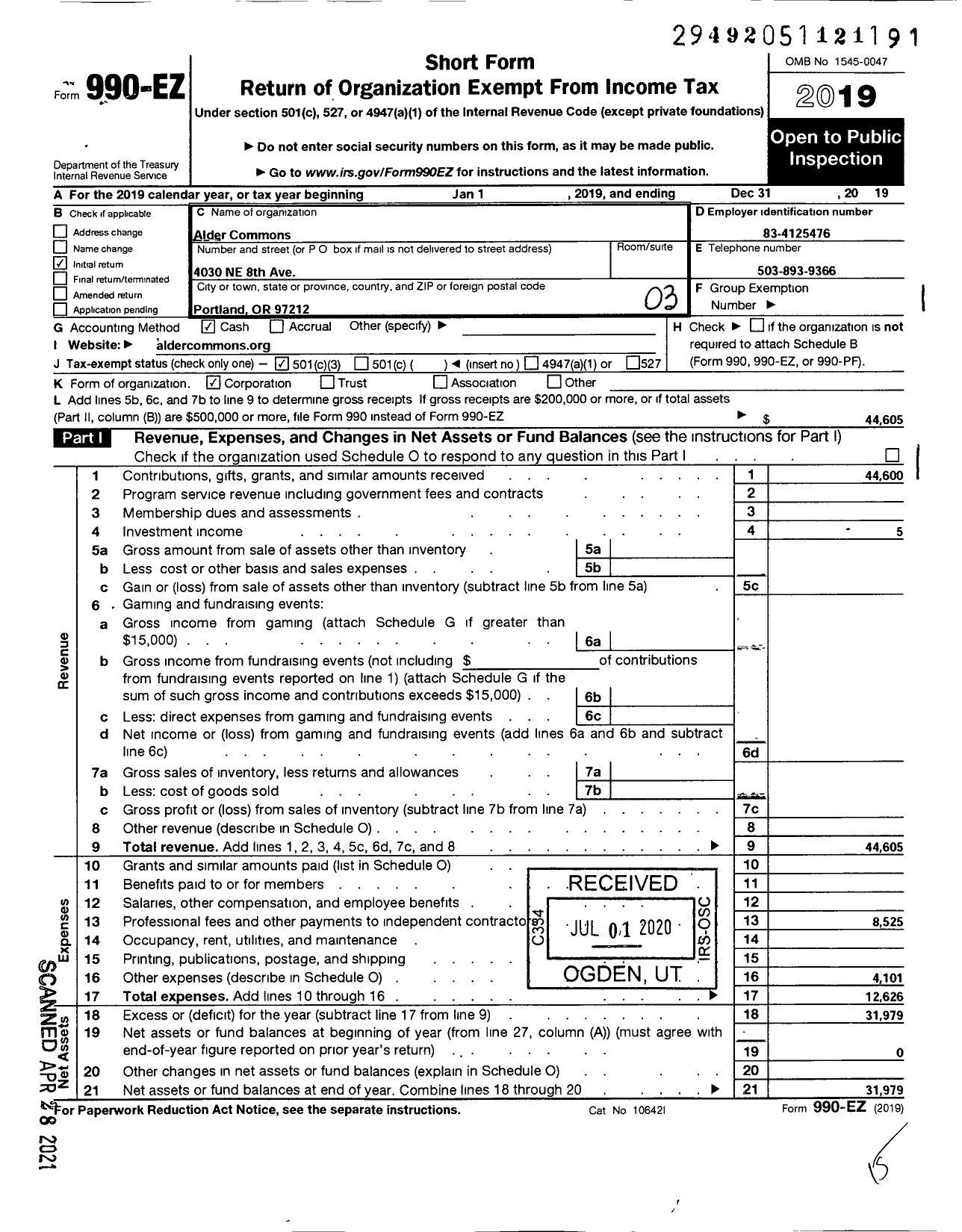 Image of first page of 2019 Form 990EZ for Alder Commons