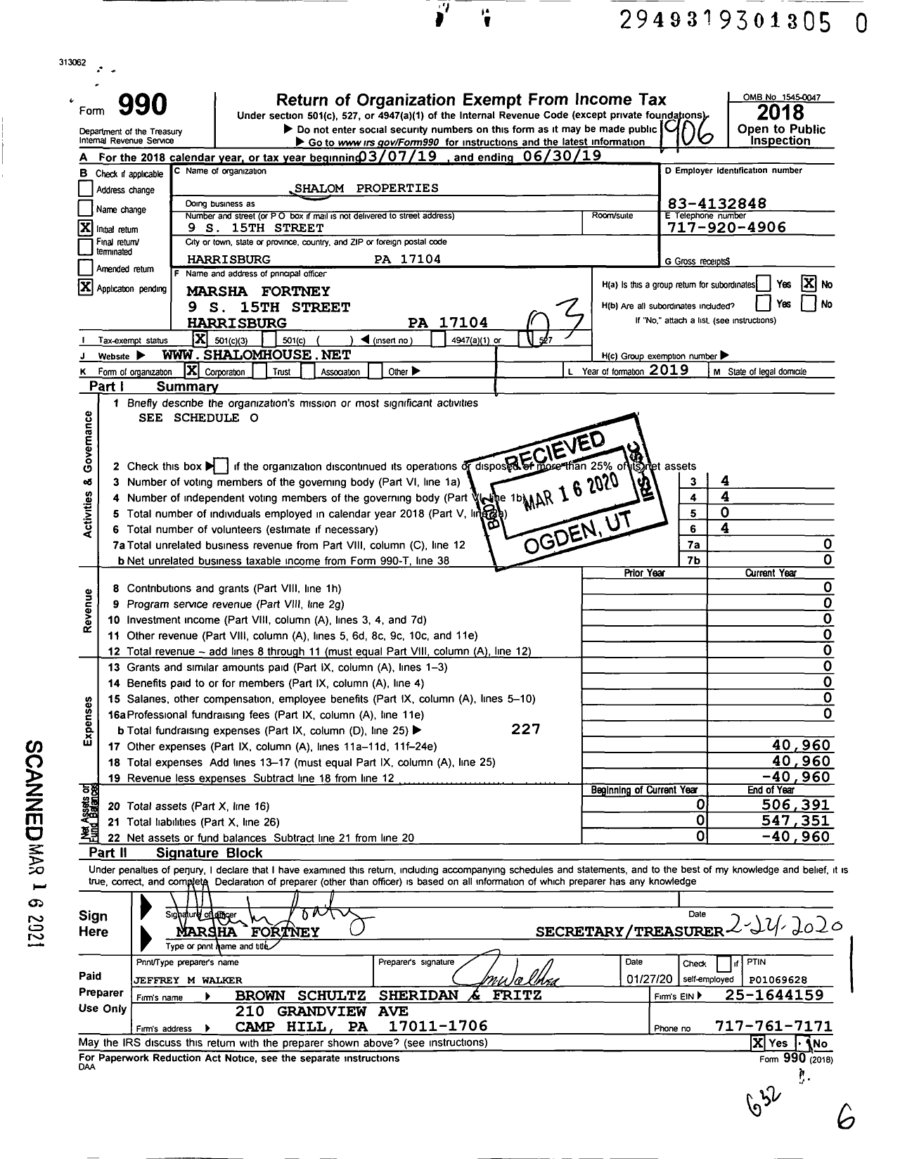 Image of first page of 2018 Form 990 for Shalom Properties