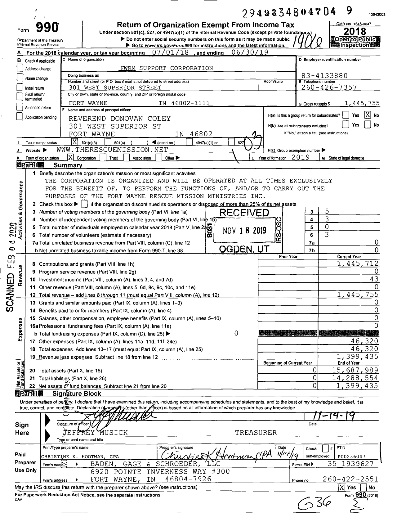 Image of first page of 2018 Form 990 for FWRM Support Corporation