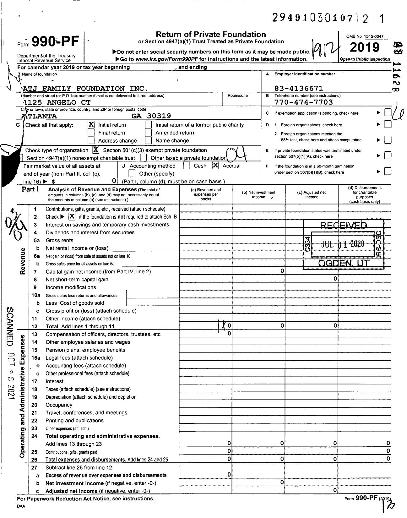 Image of first page of 2019 Form 990PF for Atj Family Foundation