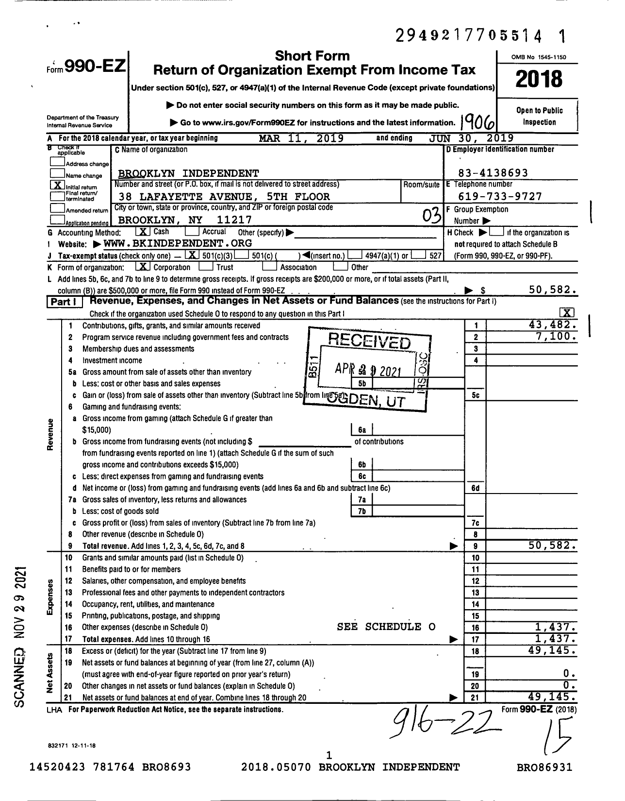 Image of first page of 2018 Form 990EZ for Brooklyn Independent