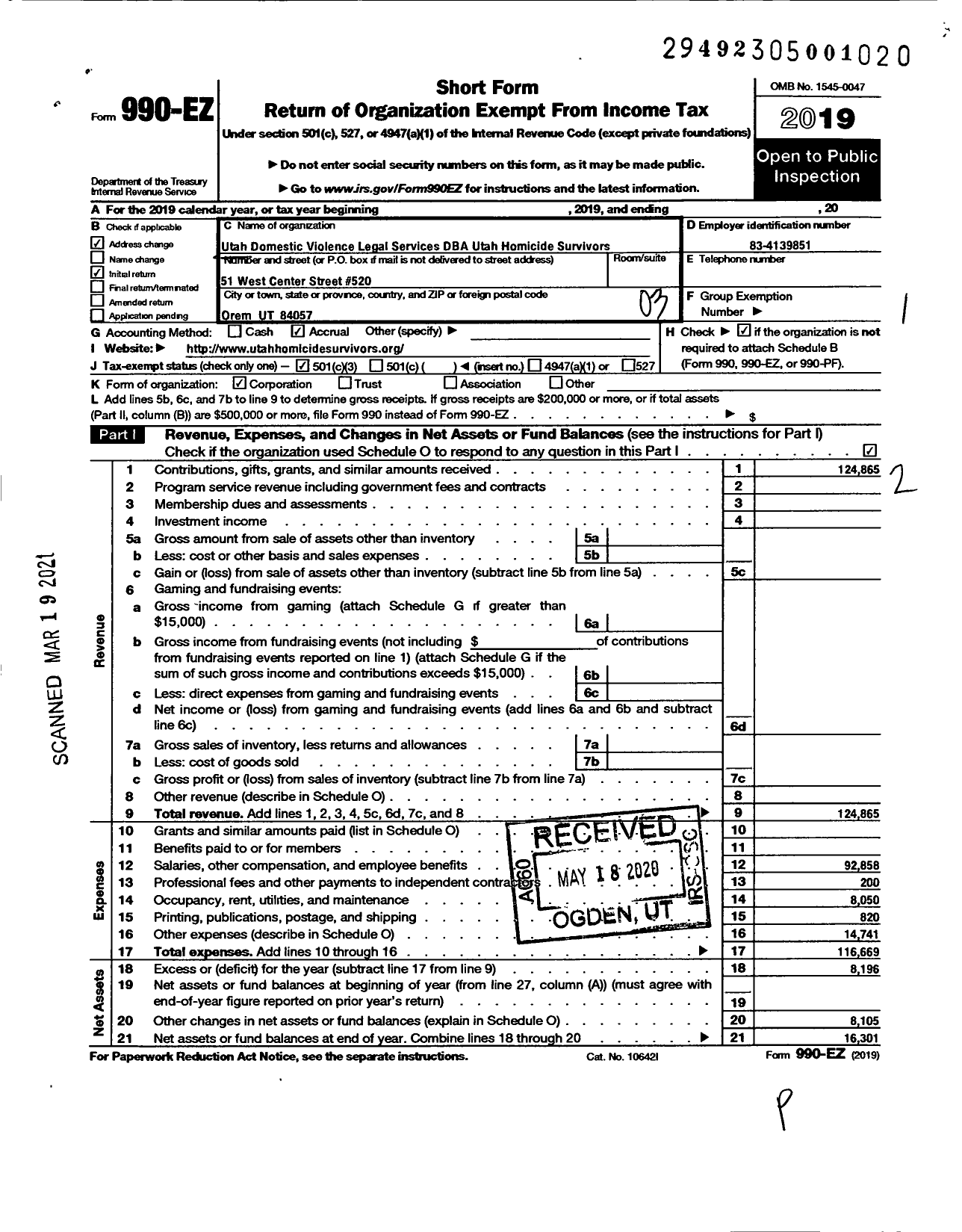 Image of first page of 2019 Form 990EZ for Utah Homicide Survivors