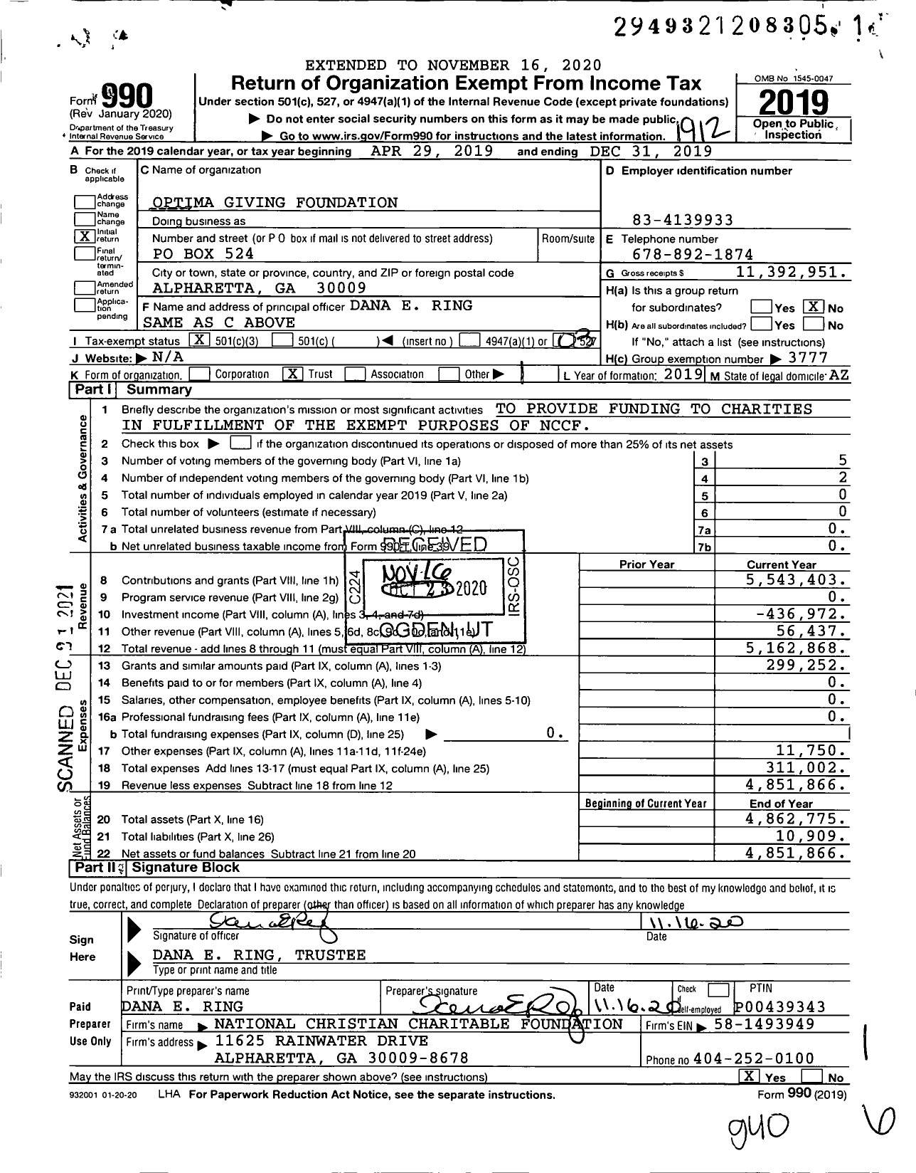 Image of first page of 2019 Form 990 for Optima Giving Foundation