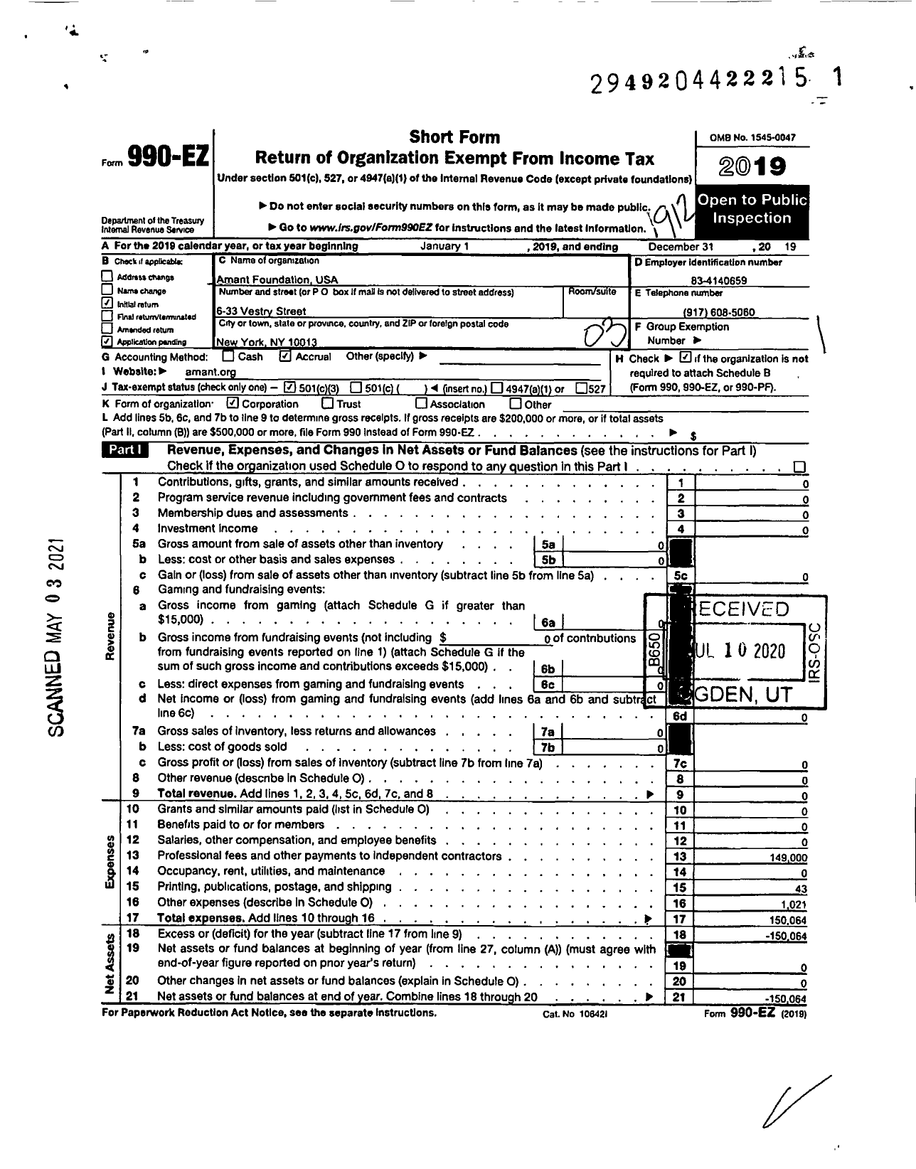 Image of first page of 2019 Form 990EZ for Amant Foundation USA