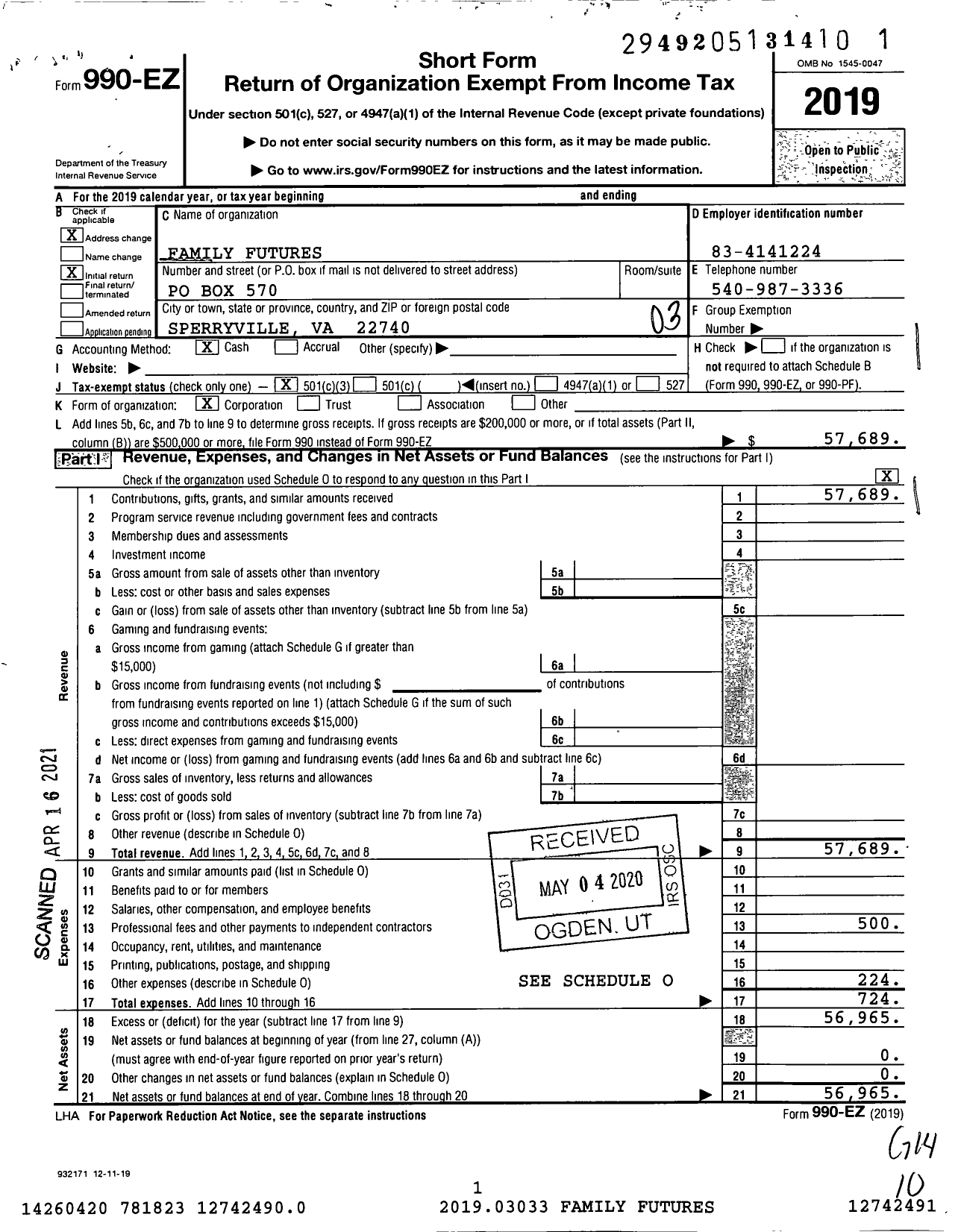 Image of first page of 2019 Form 990EZ for Family Futures