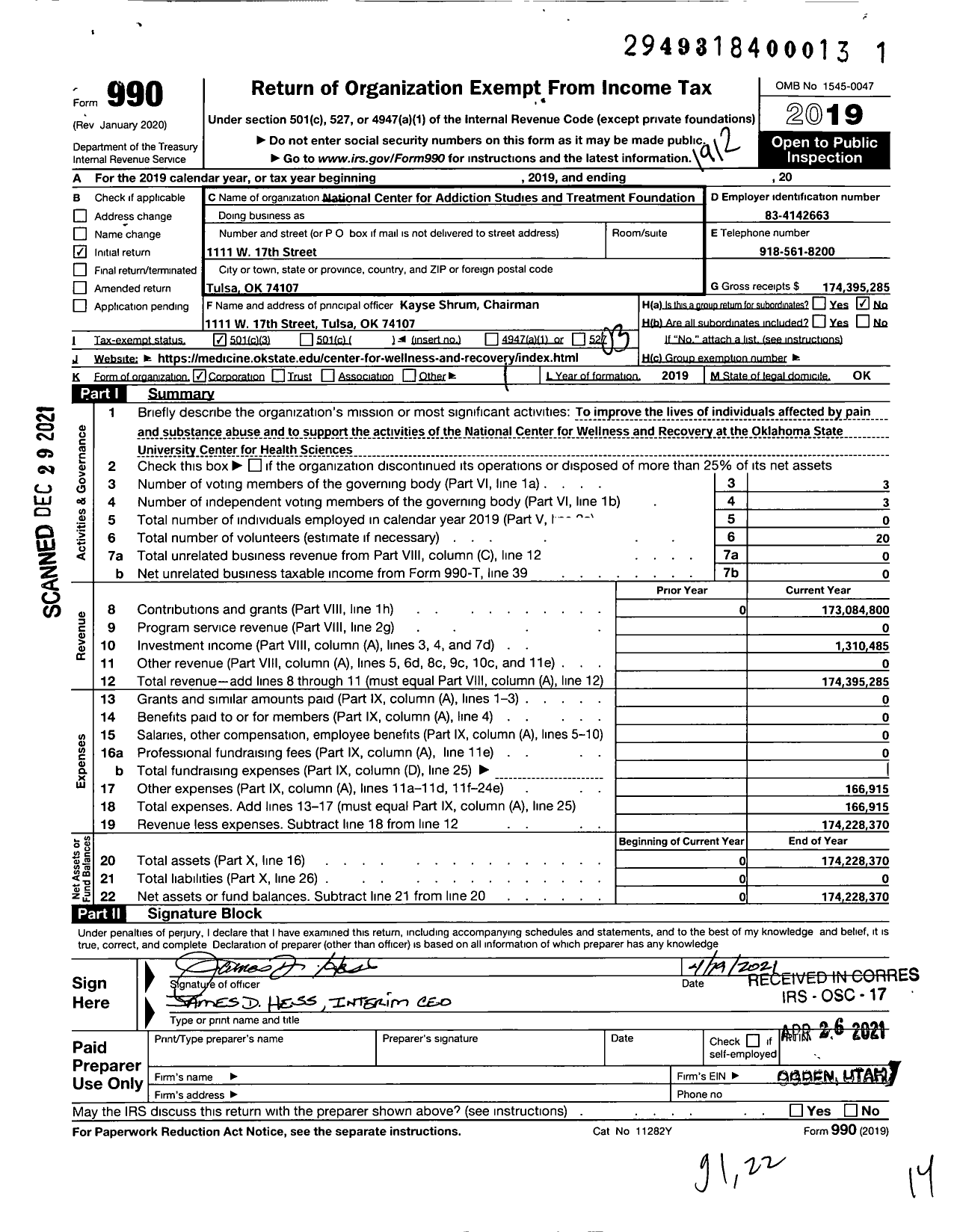 Image of first page of 2019 Form 990 for National Center for Addiction Studies and Treatment Foundation