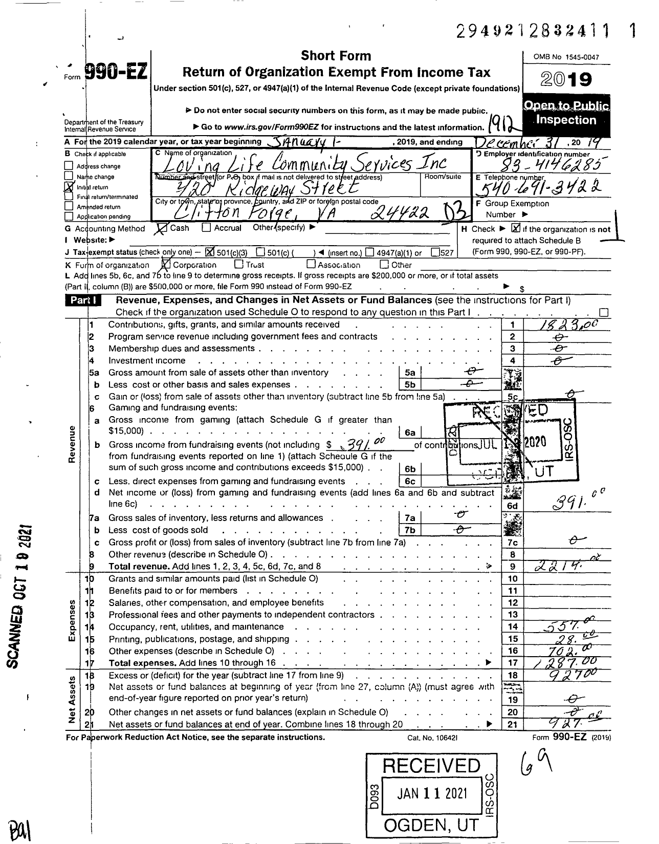 Image of first page of 2019 Form 990EZ for Loving Life Community Services