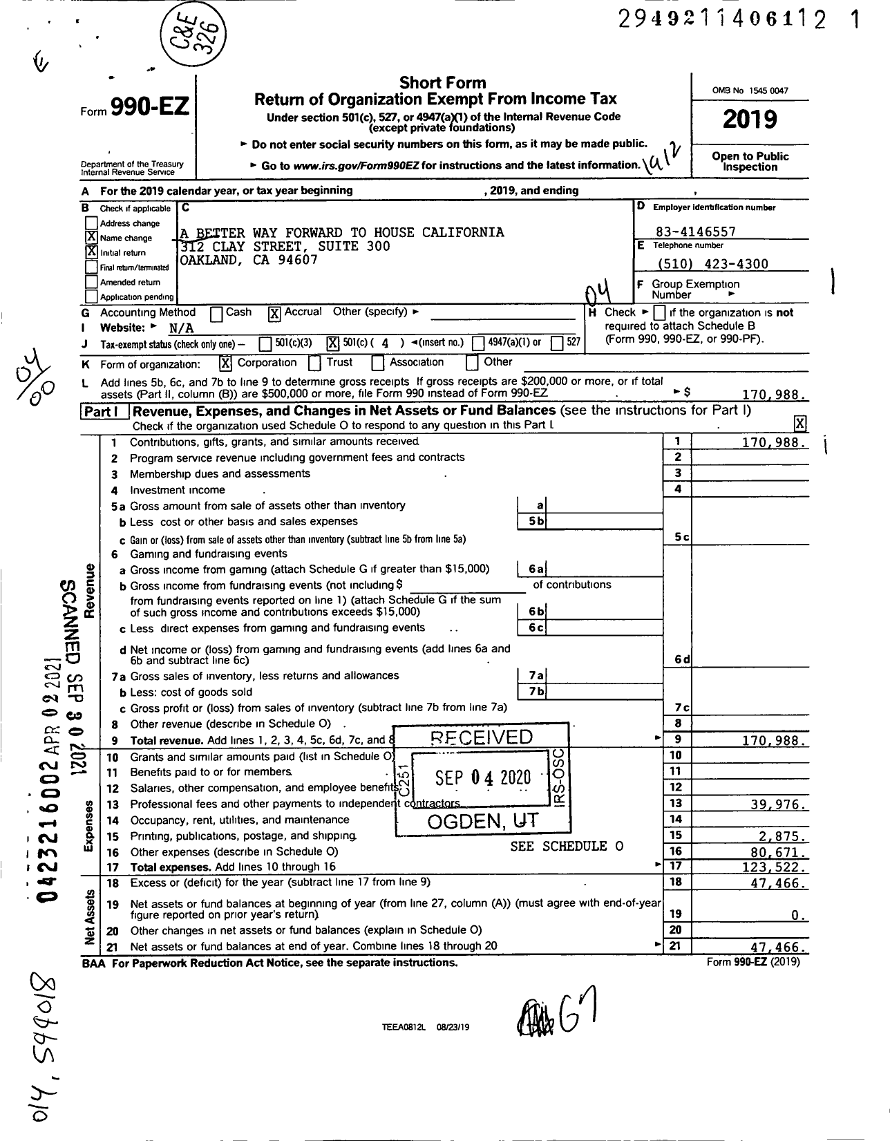 Image of first page of 2019 Form 990EO for A Better Way Forward To House California