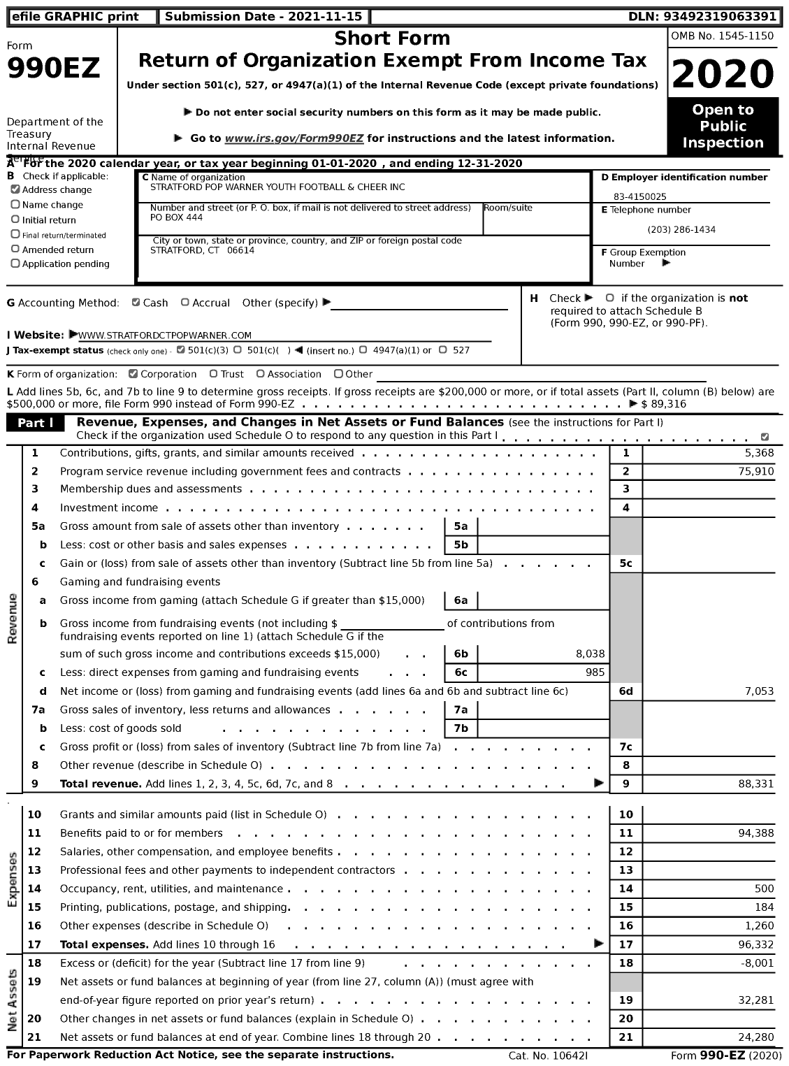 Image of first page of 2020 Form 990EZ for Stratford Pop Warner Youth Football