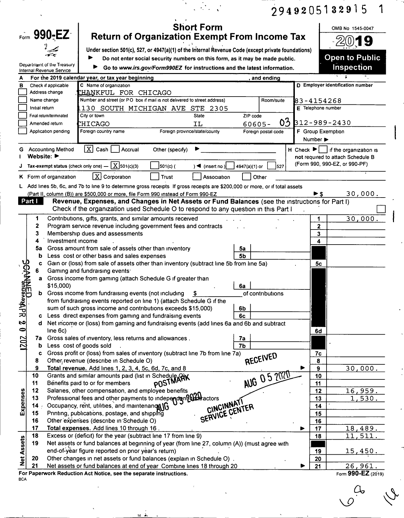 Image of first page of 2019 Form 990EZ for Thankful for Chicago