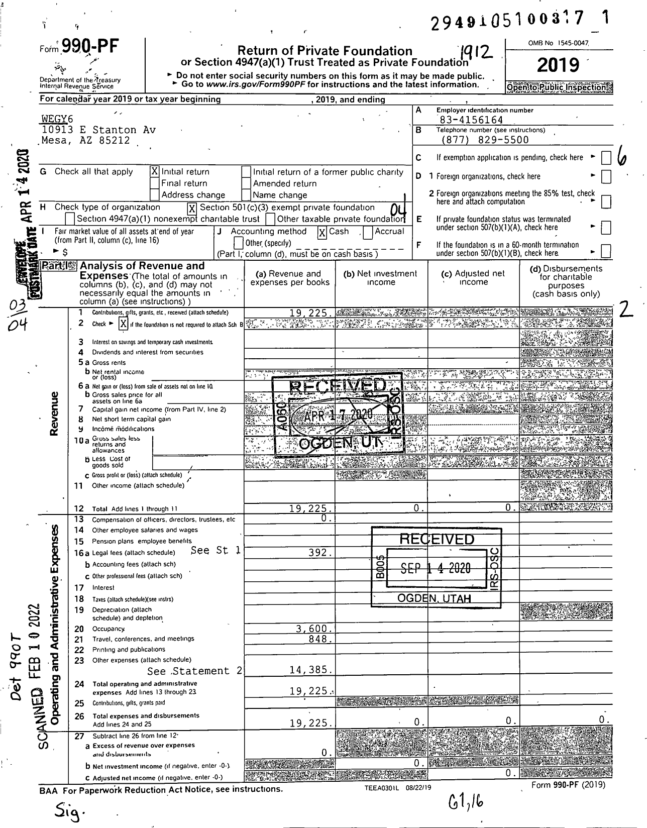 Image of first page of 2019 Form 990PF for Wegy6