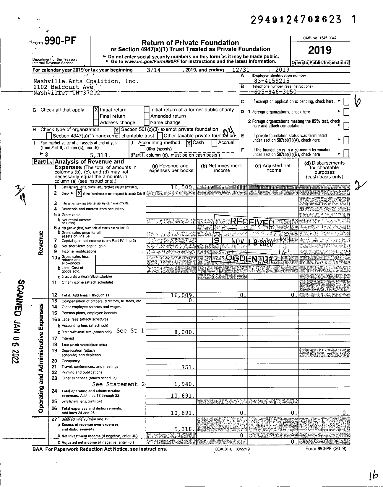 Image of first page of 2019 Form 990PF for Nashville Arts Coalition