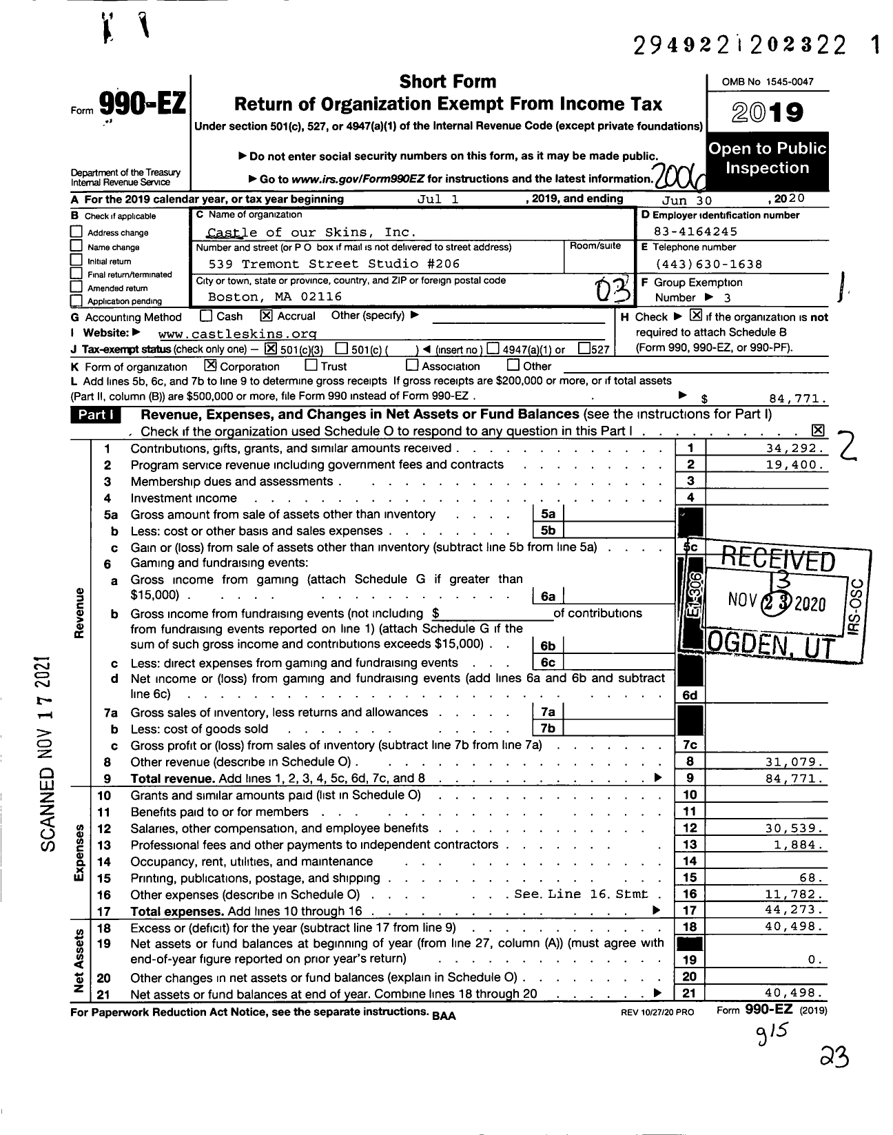 Image of first page of 2019 Form 990EZ for Castle of our Skins