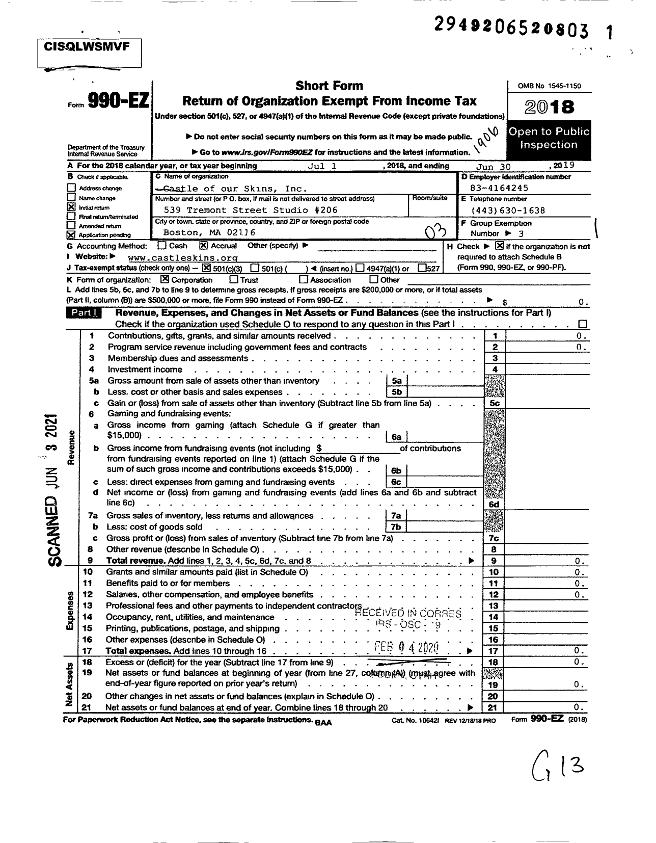 Image of first page of 2018 Form 990EZ for Castle of our Skins