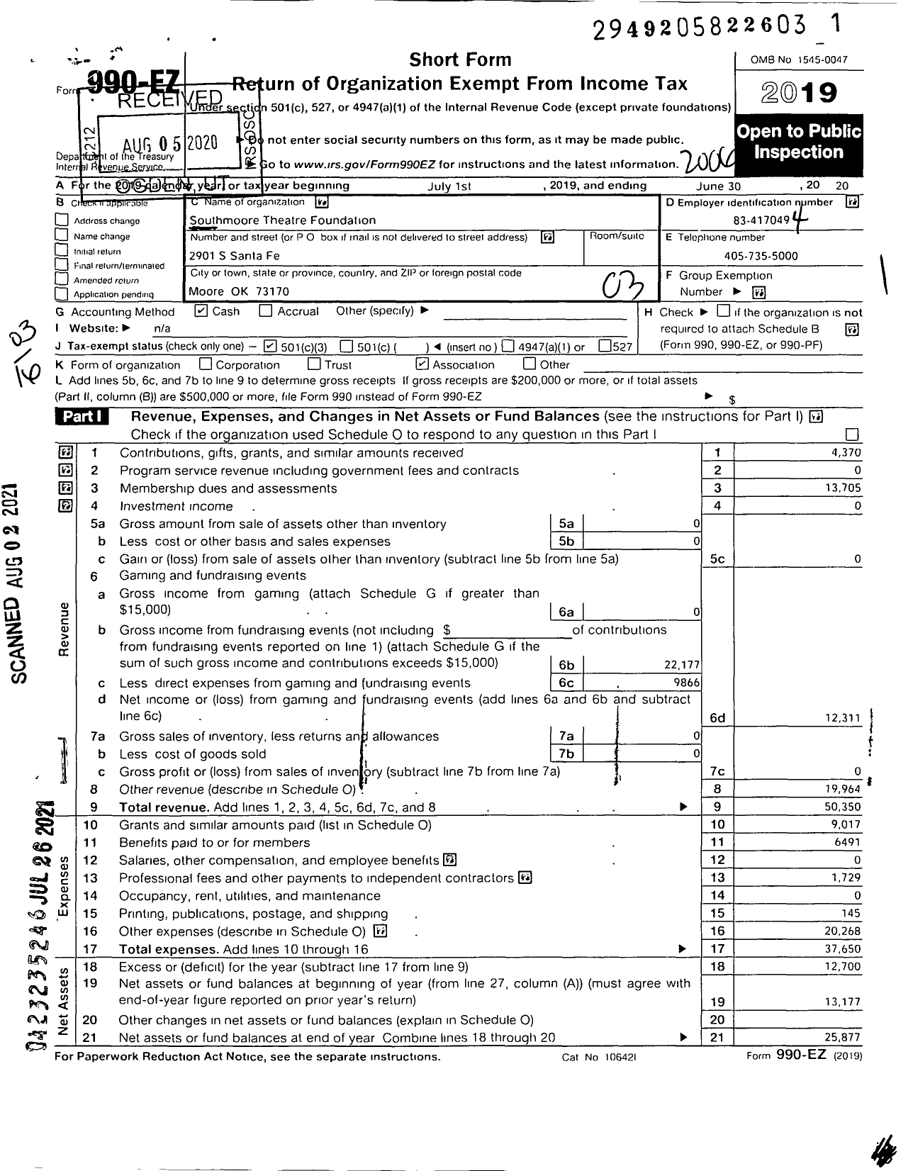 Image of first page of 2019 Form 990EZ for Southmoore Theatre Foundation