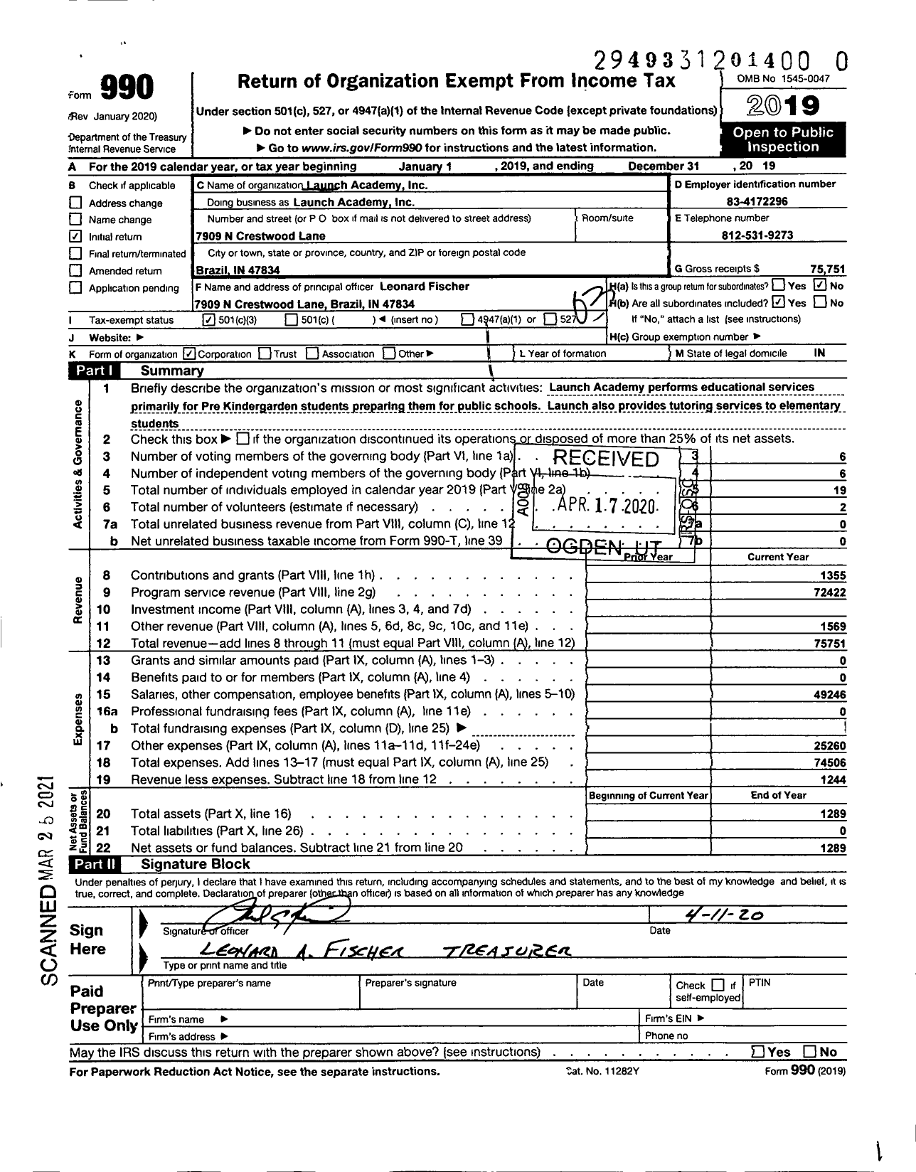 Image of first page of 2019 Form 990 for Launch Academy