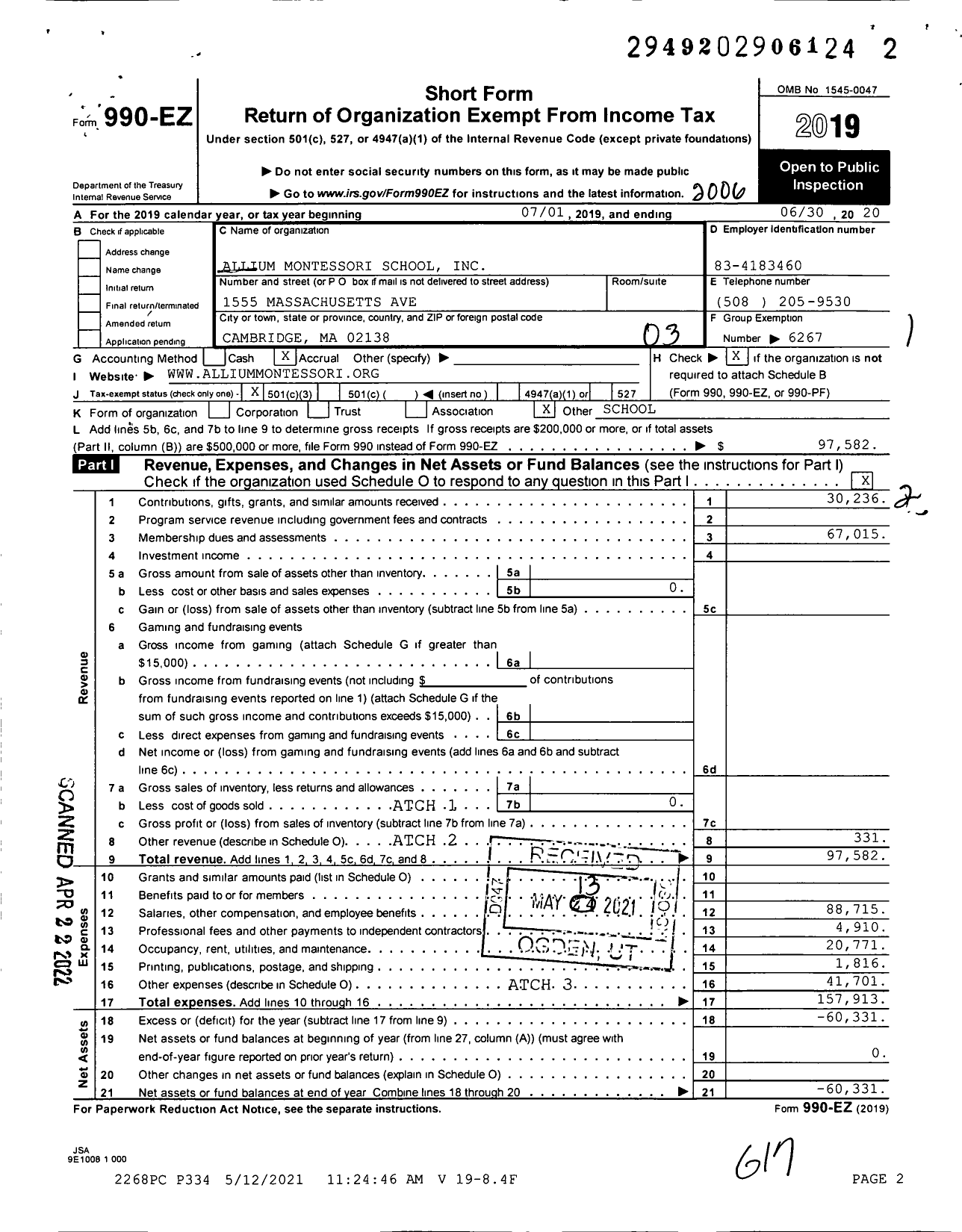 Image of first page of 2019 Form 990EZ for Allium Montessori School