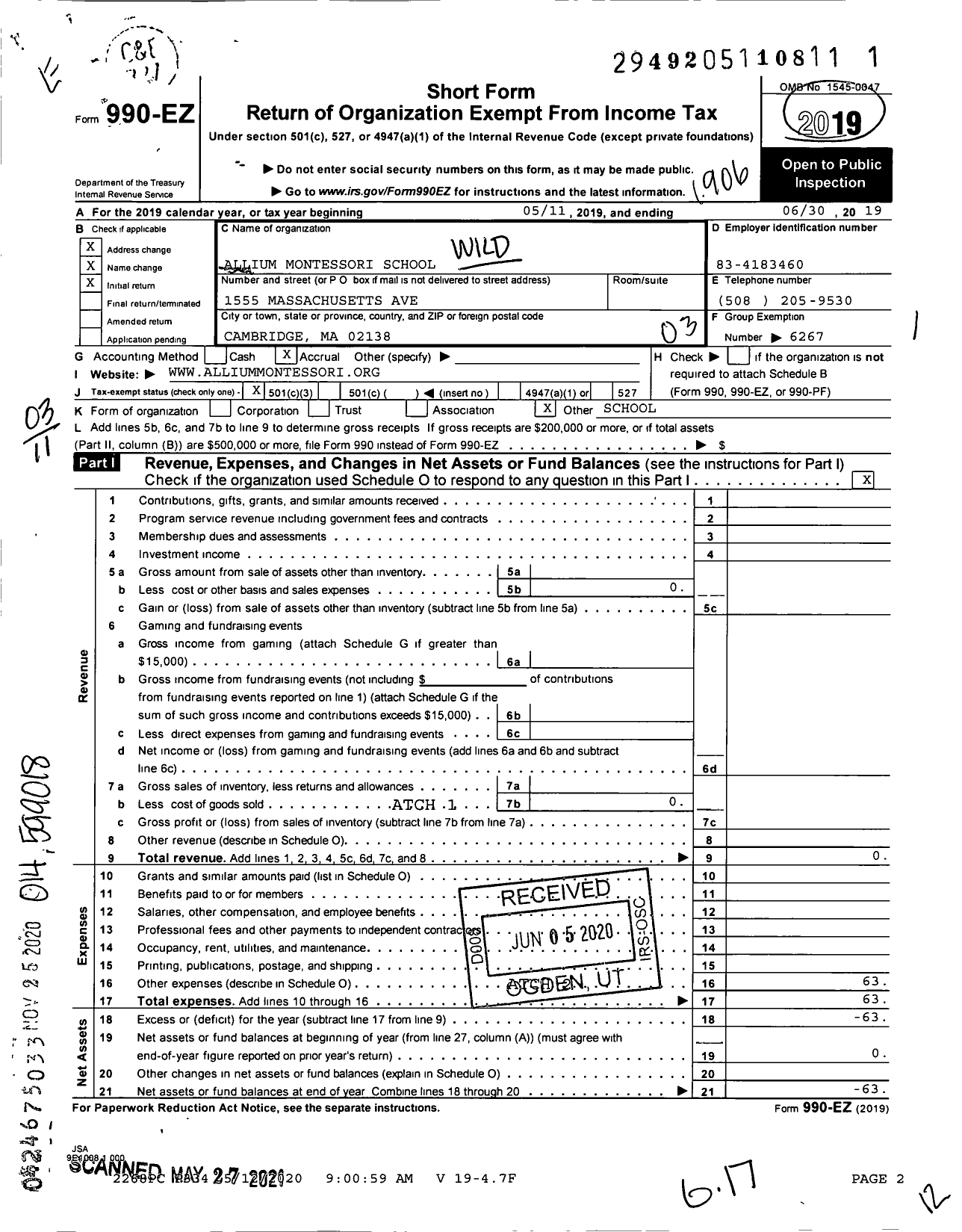 Image of first page of 2018 Form 990EZ for Allium Montessori School