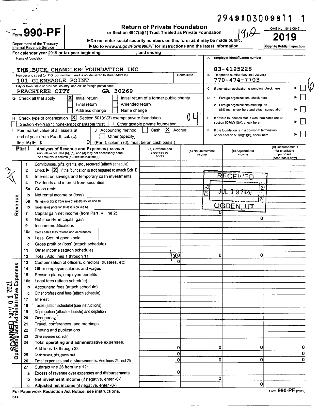 Image of first page of 2019 Form 990PF for The Buck Chandler Foundation