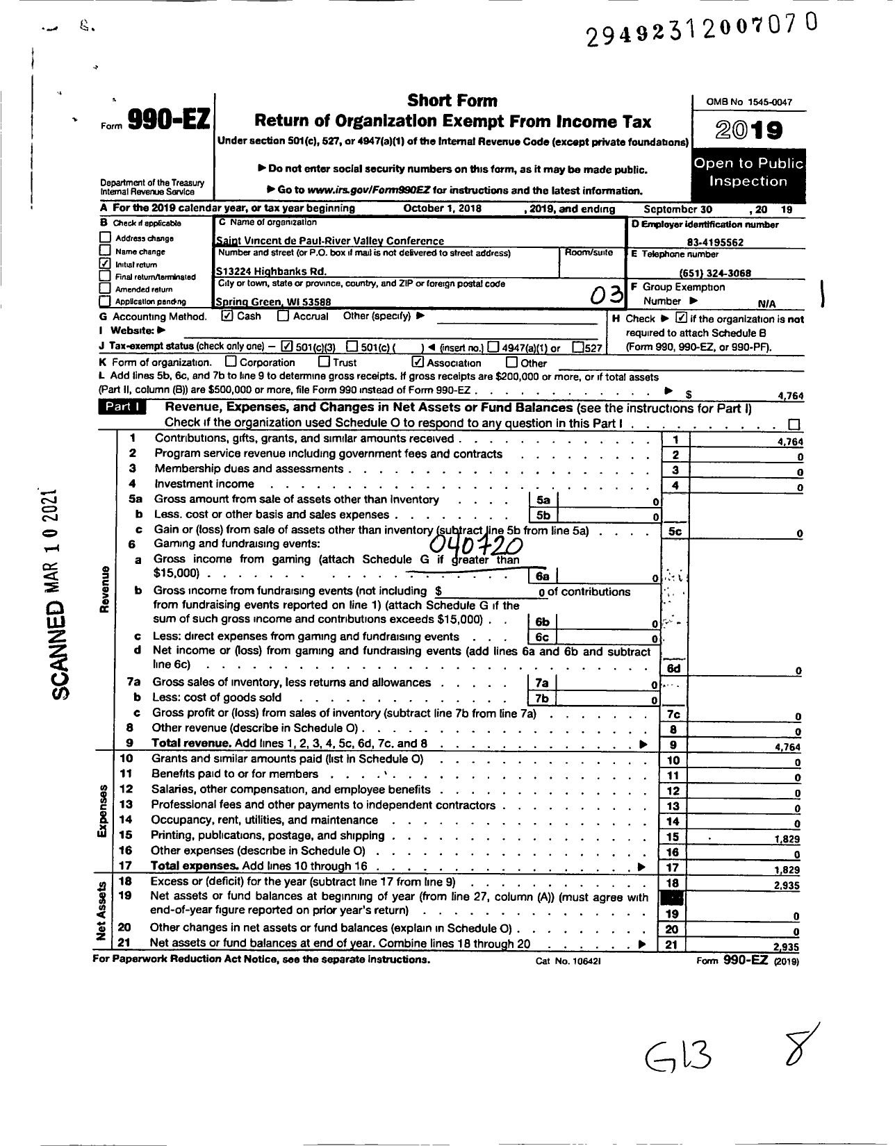 Image of first page of 2018 Form 990EZ for St Vincent de Paul Society River Valley Conference