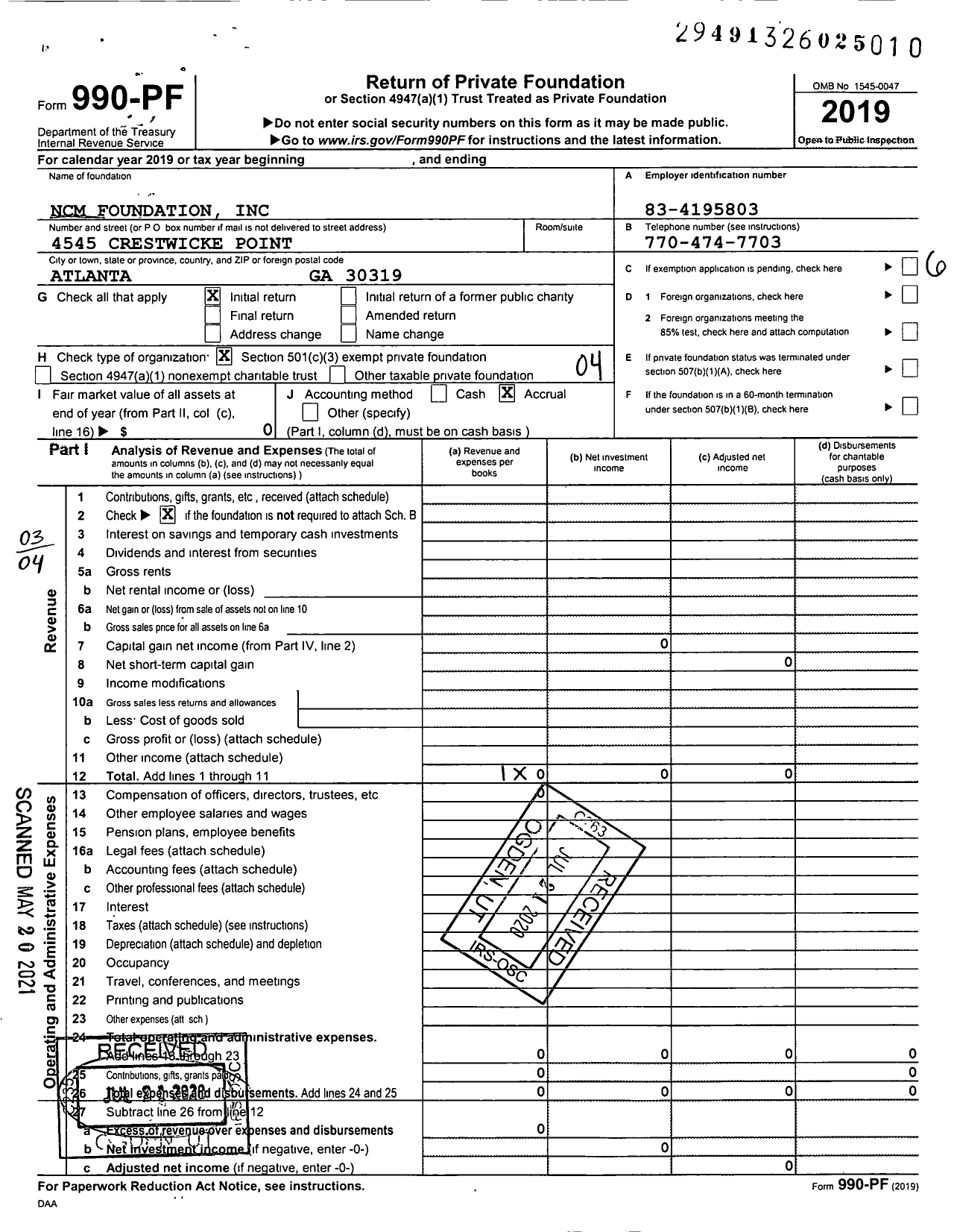 Image of first page of 2019 Form 990PF for NCM Foundation