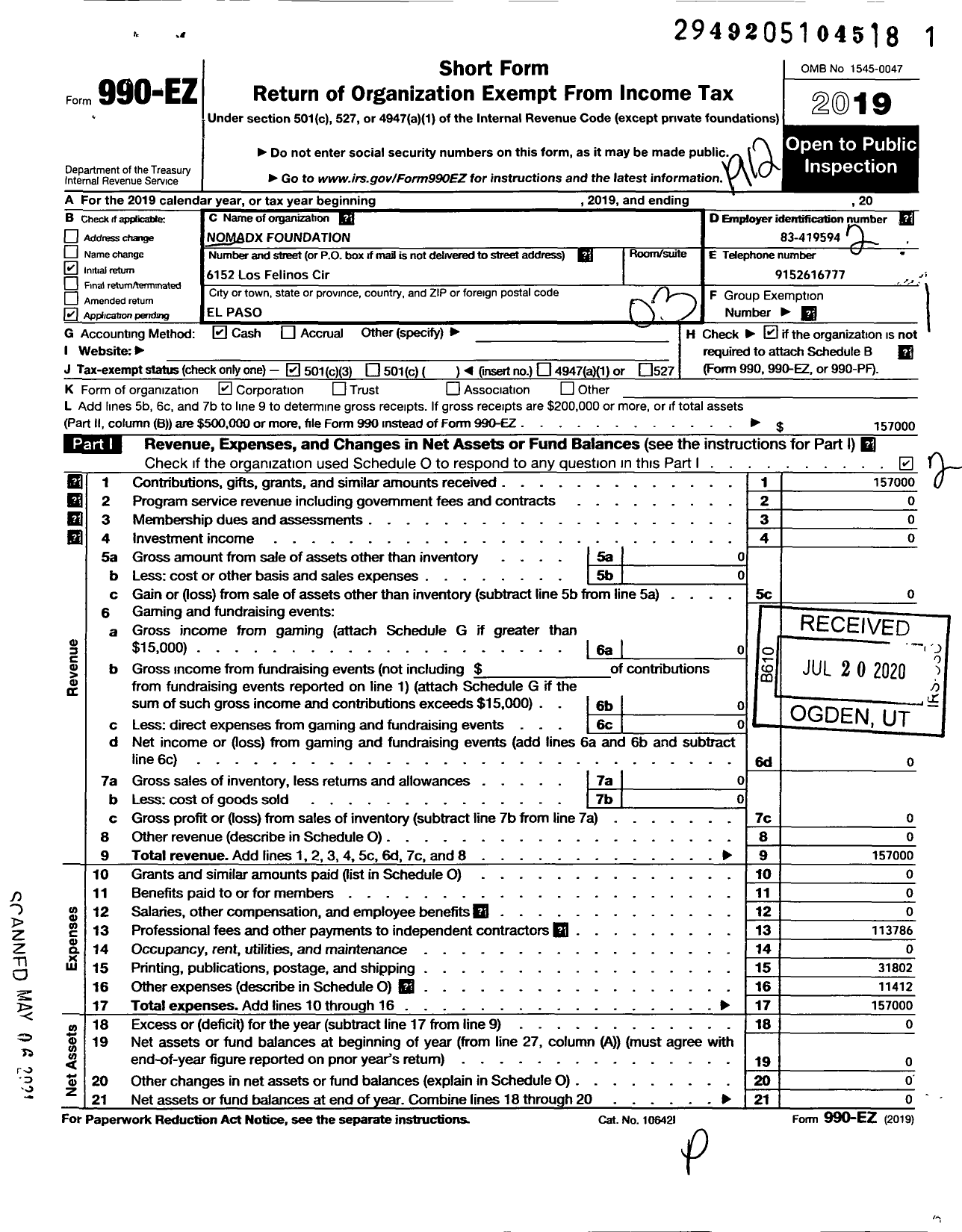 Image of first page of 2019 Form 990EZ for Nomadx Foundation