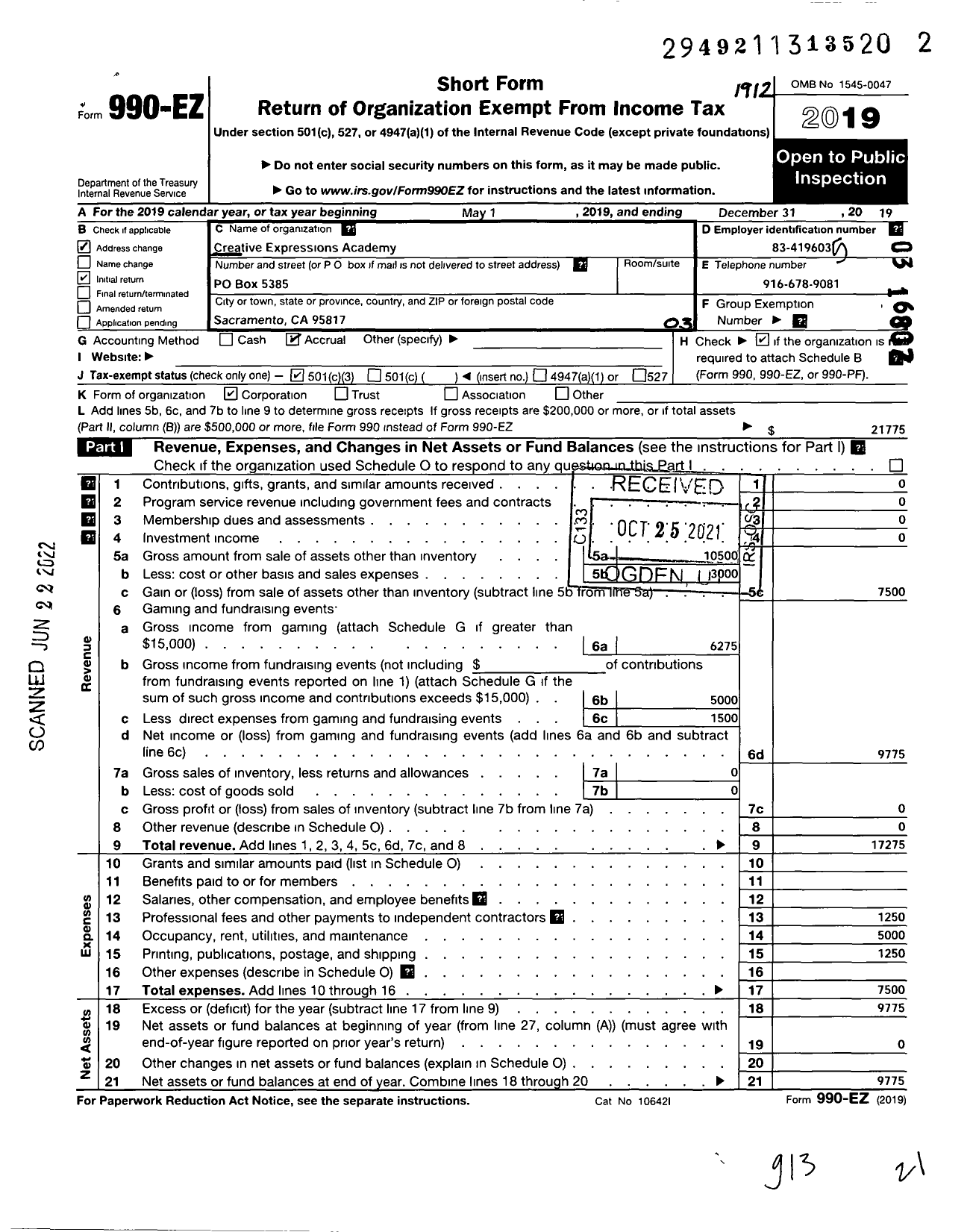 Image of first page of 2019 Form 990EZ for Creative Expressions Academy