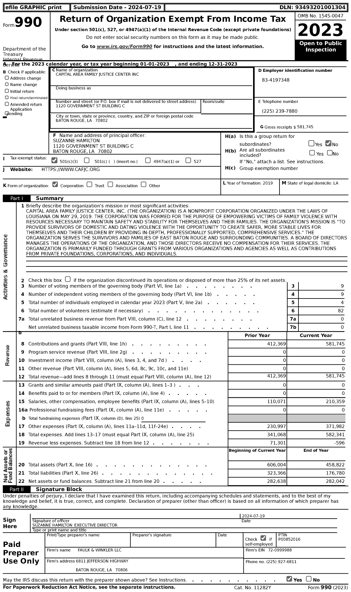 Image of first page of 2023 Form 990 for Capital Area Family Justice Center